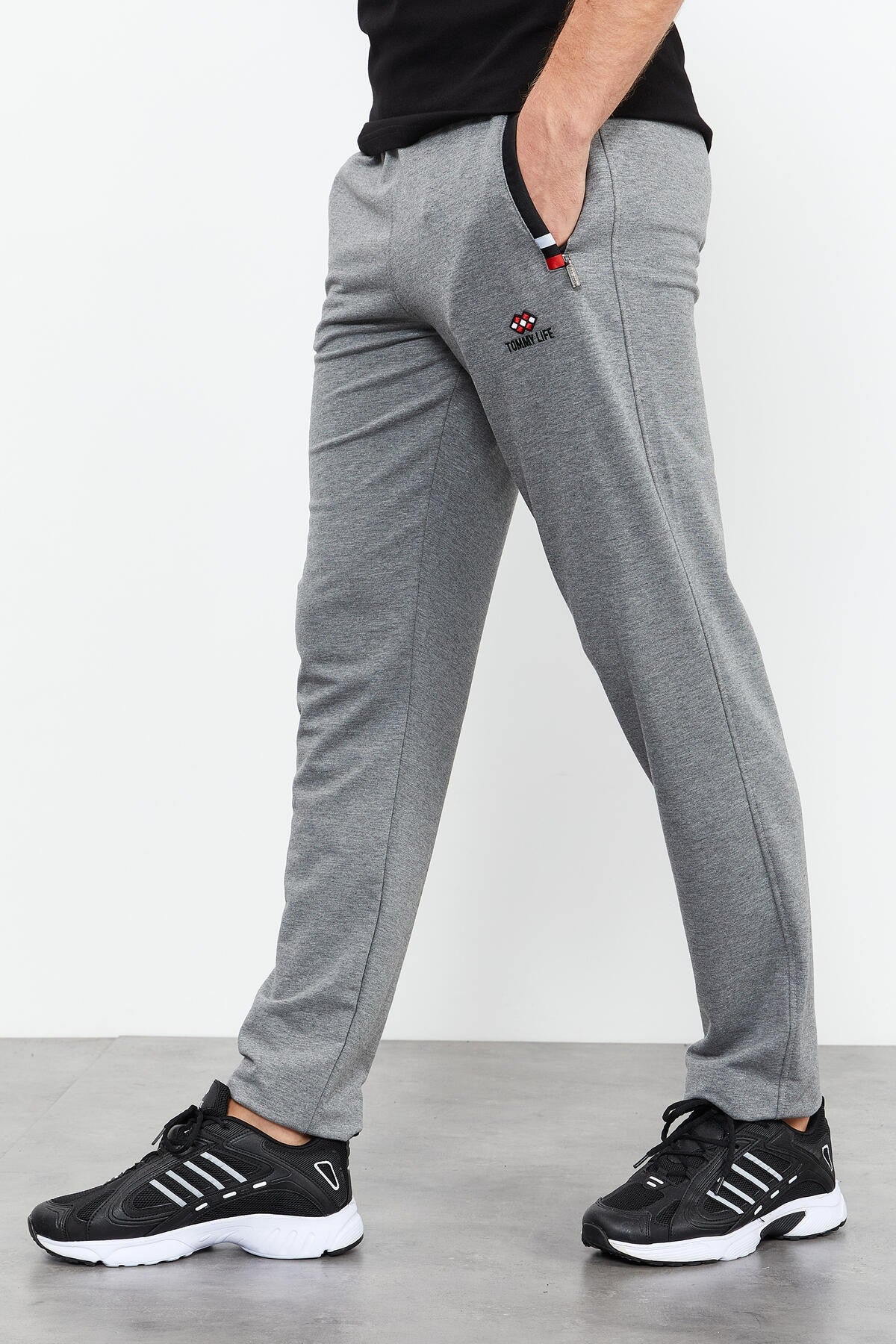 Grey Melange - Black Zippered Pocket Straight Leg Classic Hem Men's Tracksuit Bottom - 84649