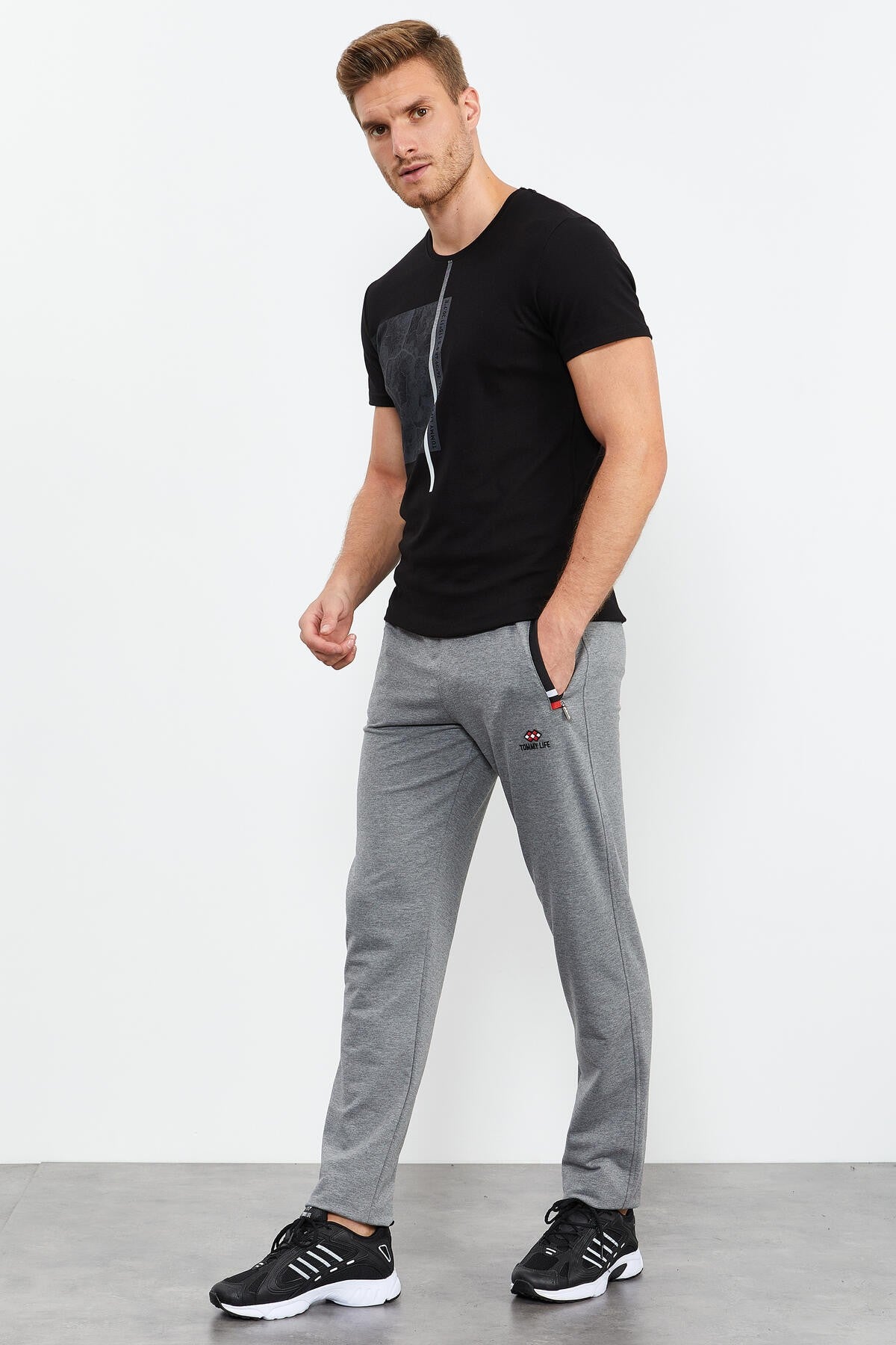 Grey Melange - Black Zippered Pocket Straight Leg Classic Hem Men's Tracksuit Bottom - 84649
