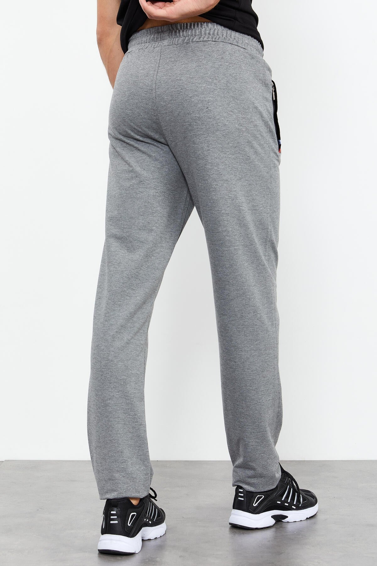 Grey Melange - Black Zippered Pocket Straight Leg Classic Hem Men's Tracksuit Bottom - 84649