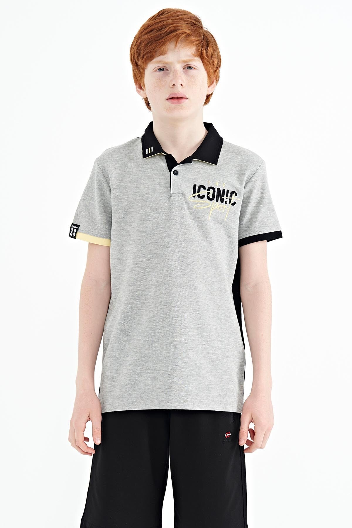 Grey Melange Collar Chest Embroidered Detailed Standard Fit Polo Collar Boys T-Shirt - 11139