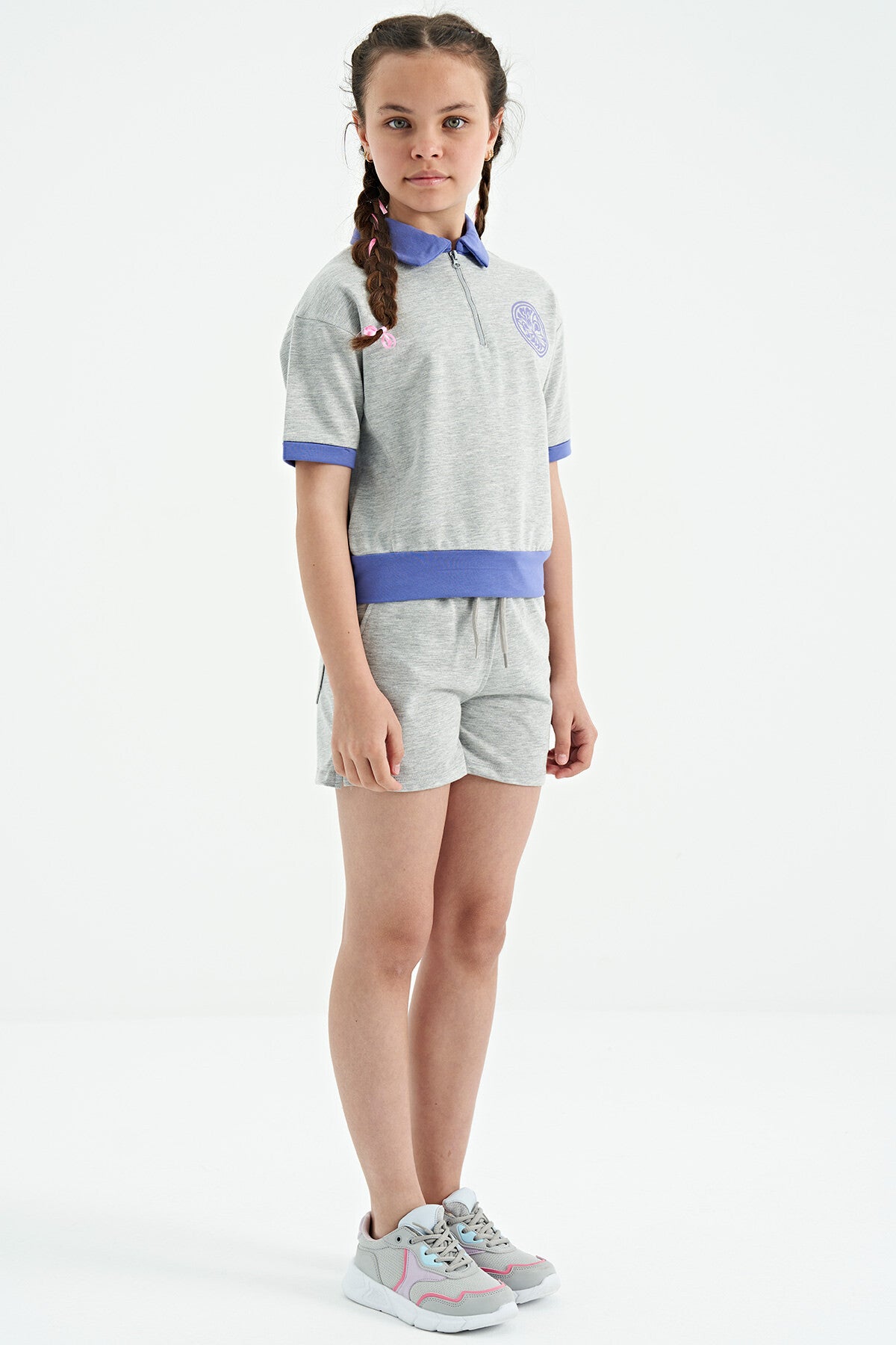 Grey Melange Yoke Collar Short Sleeve Comfort Fit Girls Shorts Set - 75131