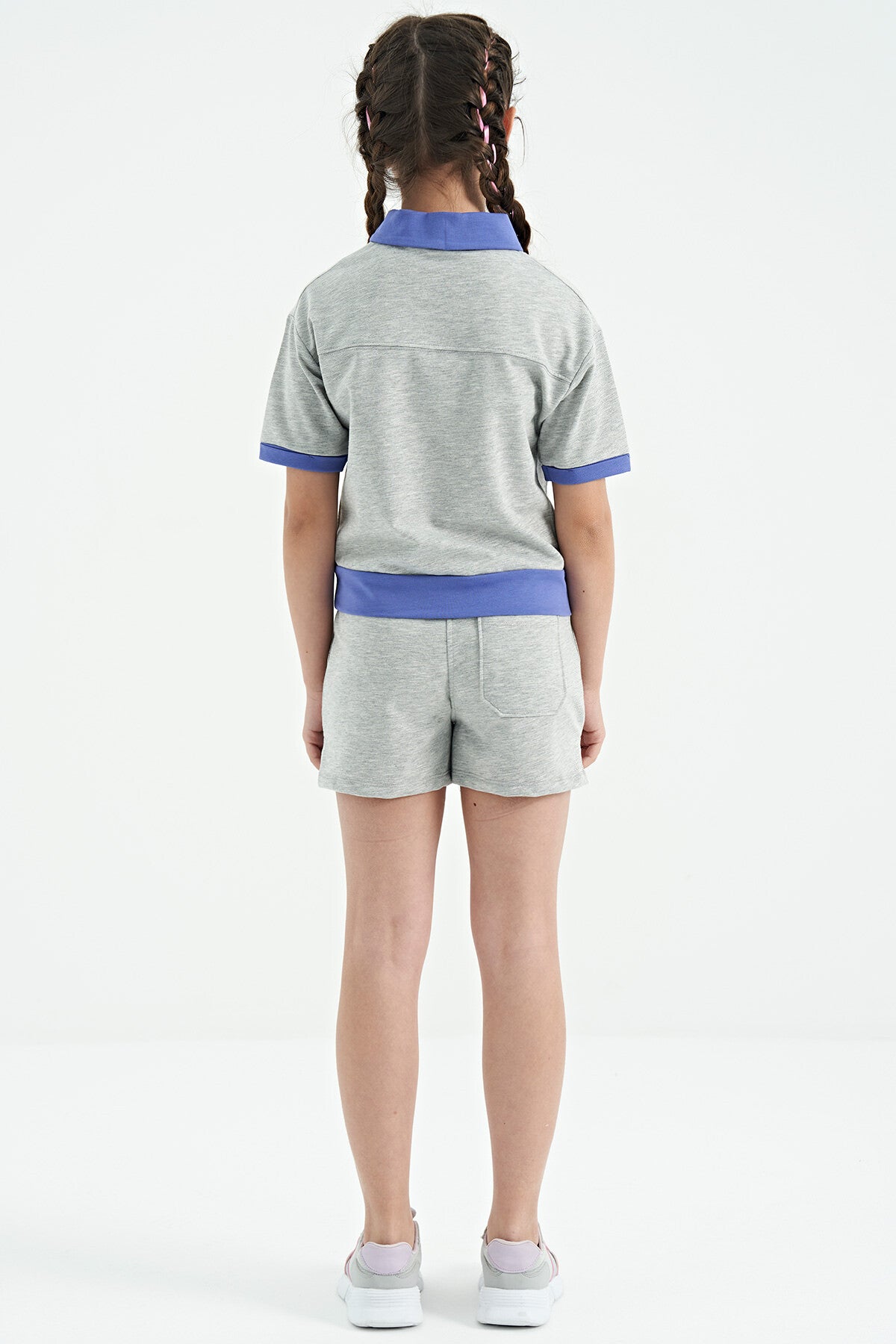 Grey Melange Yoke Collar Short Sleeve Comfort Fit Girls Shorts Set - 75131