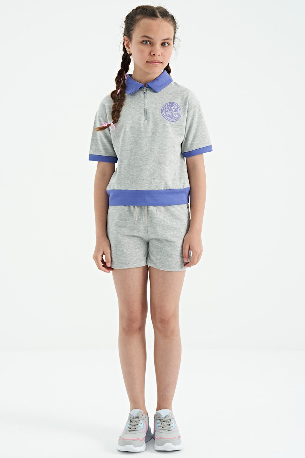 Grey Melange Yoke Collar Short Sleeve Comfort Fit Girls Shorts Set - 75131