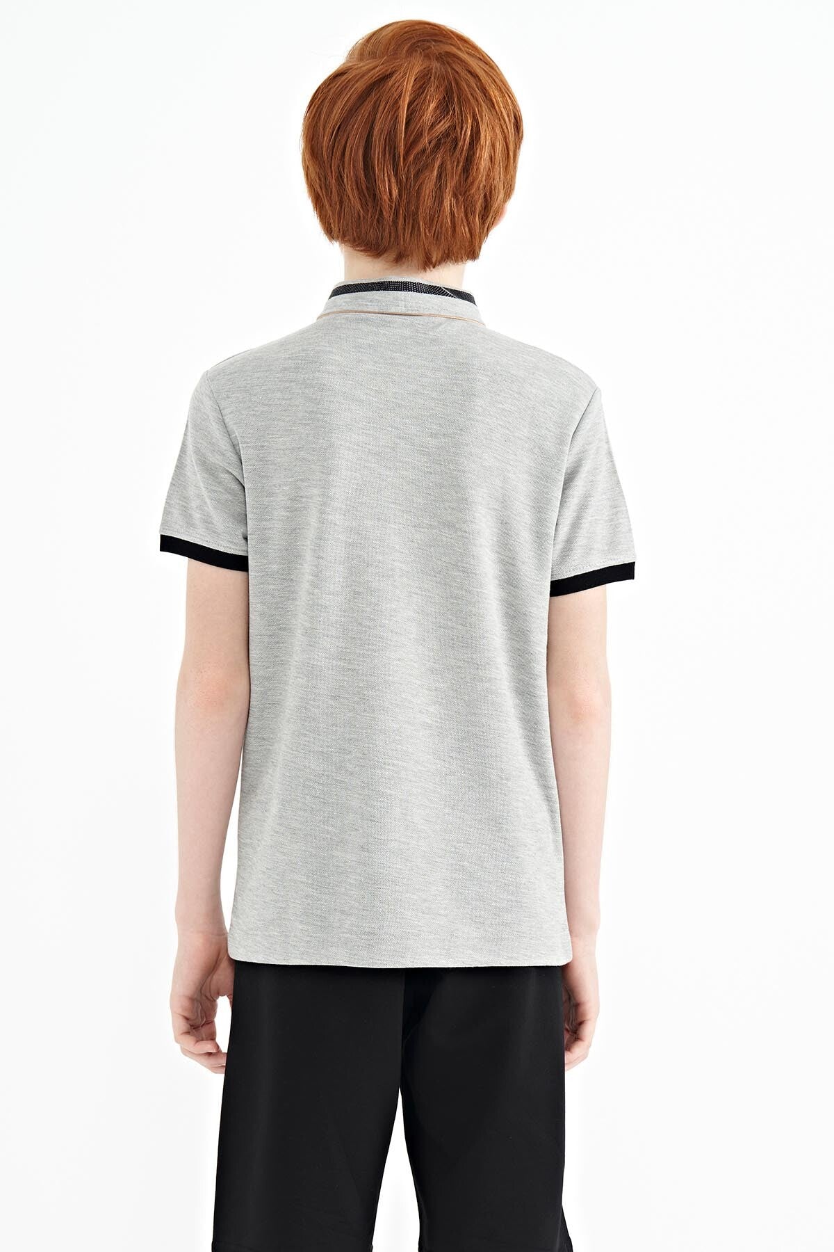 Grey Melange Collar Color Block Print Detailed Standard Cut Boys T-Shirt - 11111