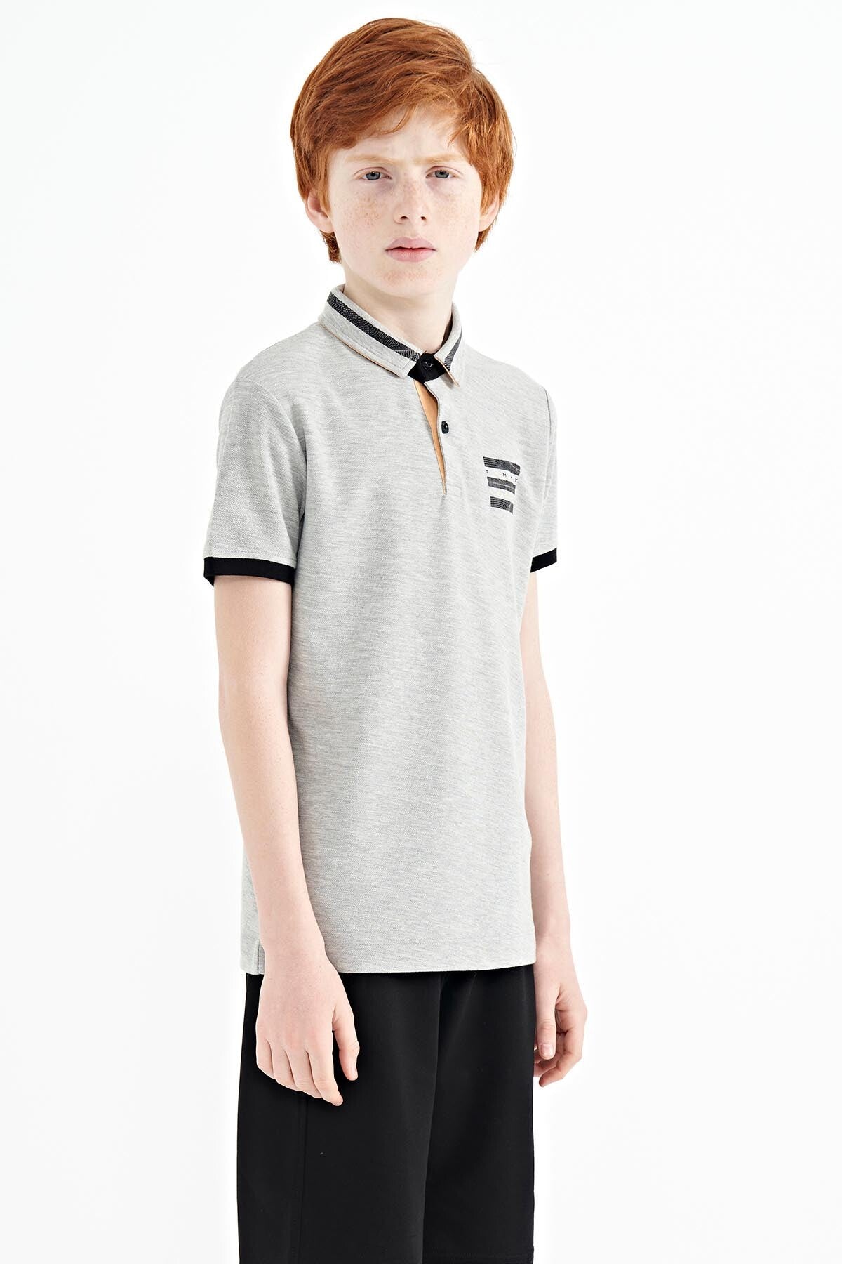 Grey Melange Collar Color Block Print Detailed Standard Cut Boys T-Shirt - 11111