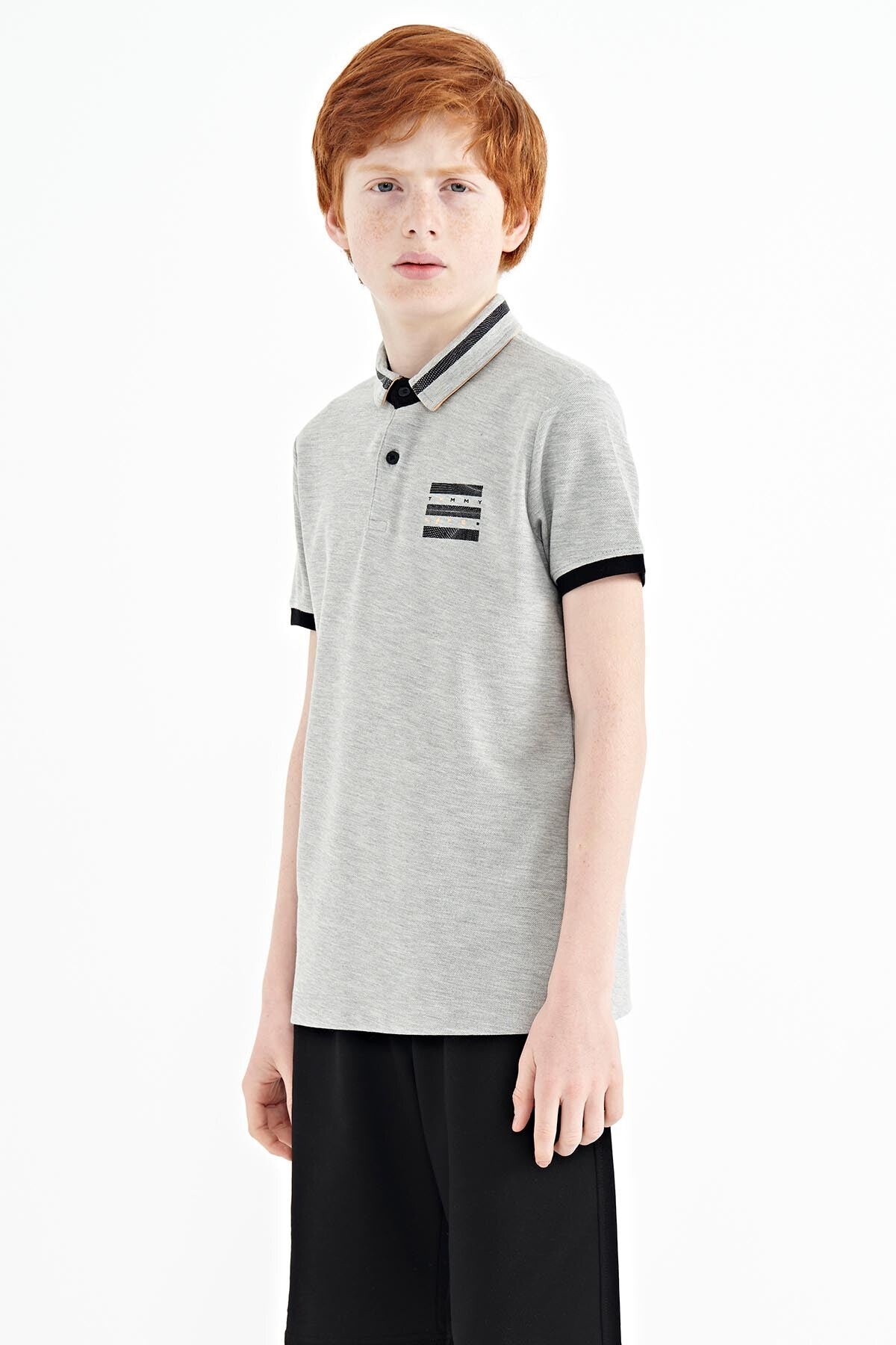 Grey Melange Collar Color Block Print Detailed Standard Cut Boys T-Shirt - 11111