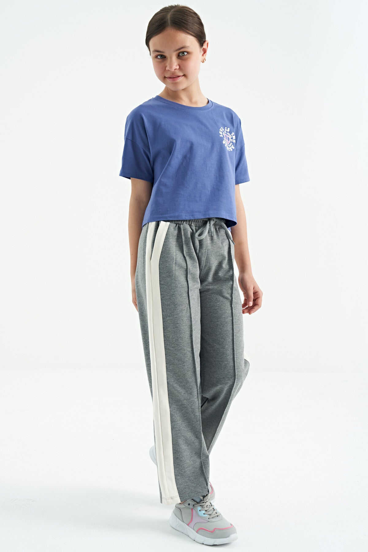 Gray Melange Ribbed Detailed Laced Relaxed Fit Wide Leg Girls' Tracksuit Bottom - 75119