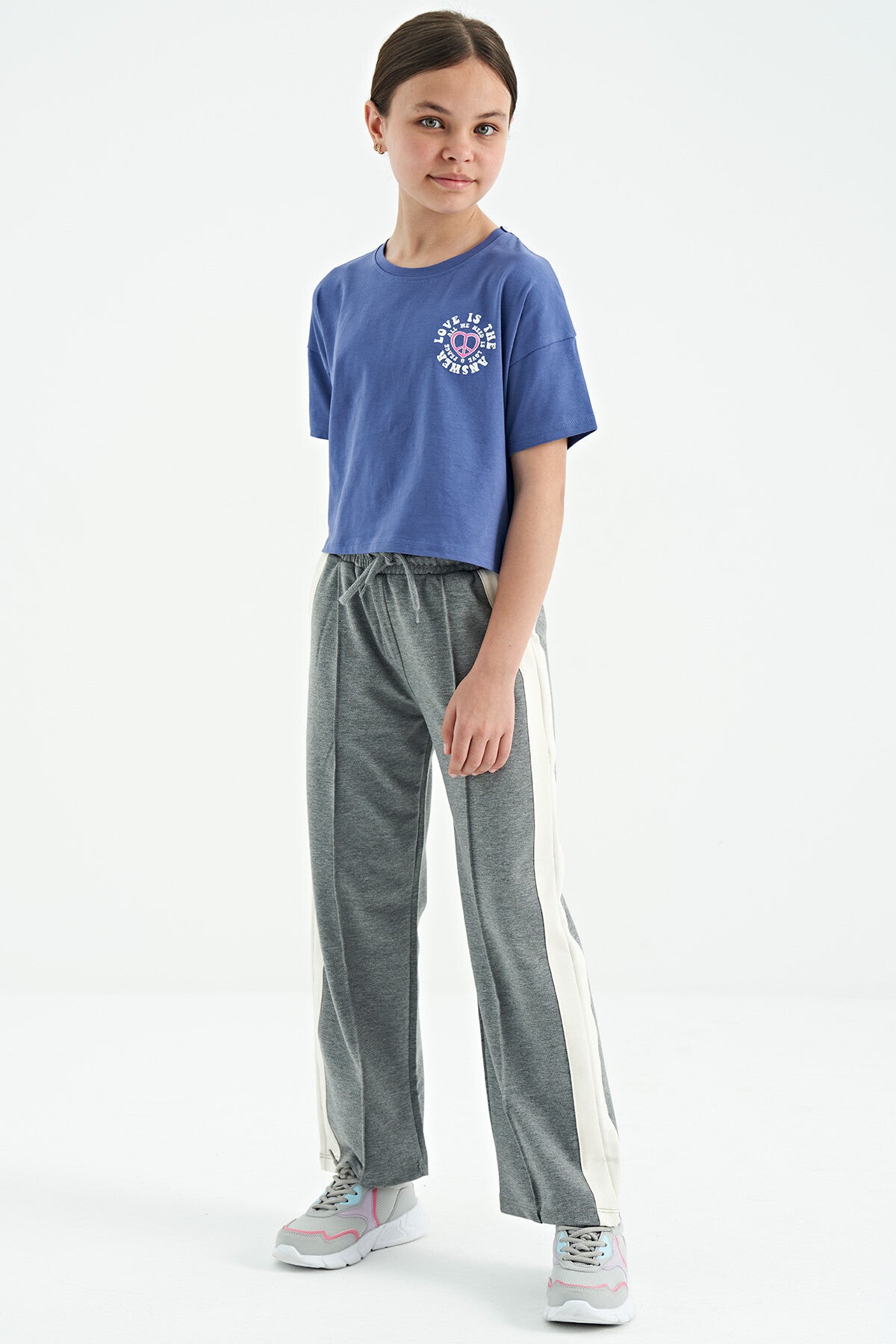 Gray Melange Ribbed Detailed Laced Relaxed Fit Wide Leg Girls' Tracksuit Bottom - 75119