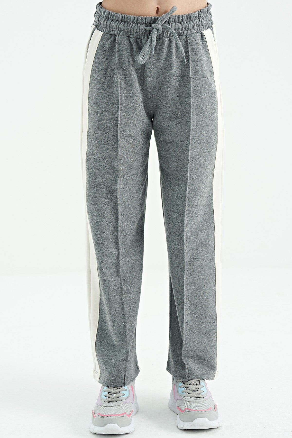 Gray Melange Ribbed Detailed Laced Relaxed Fit Wide Leg Girls' Tracksuit Bottom - 75119