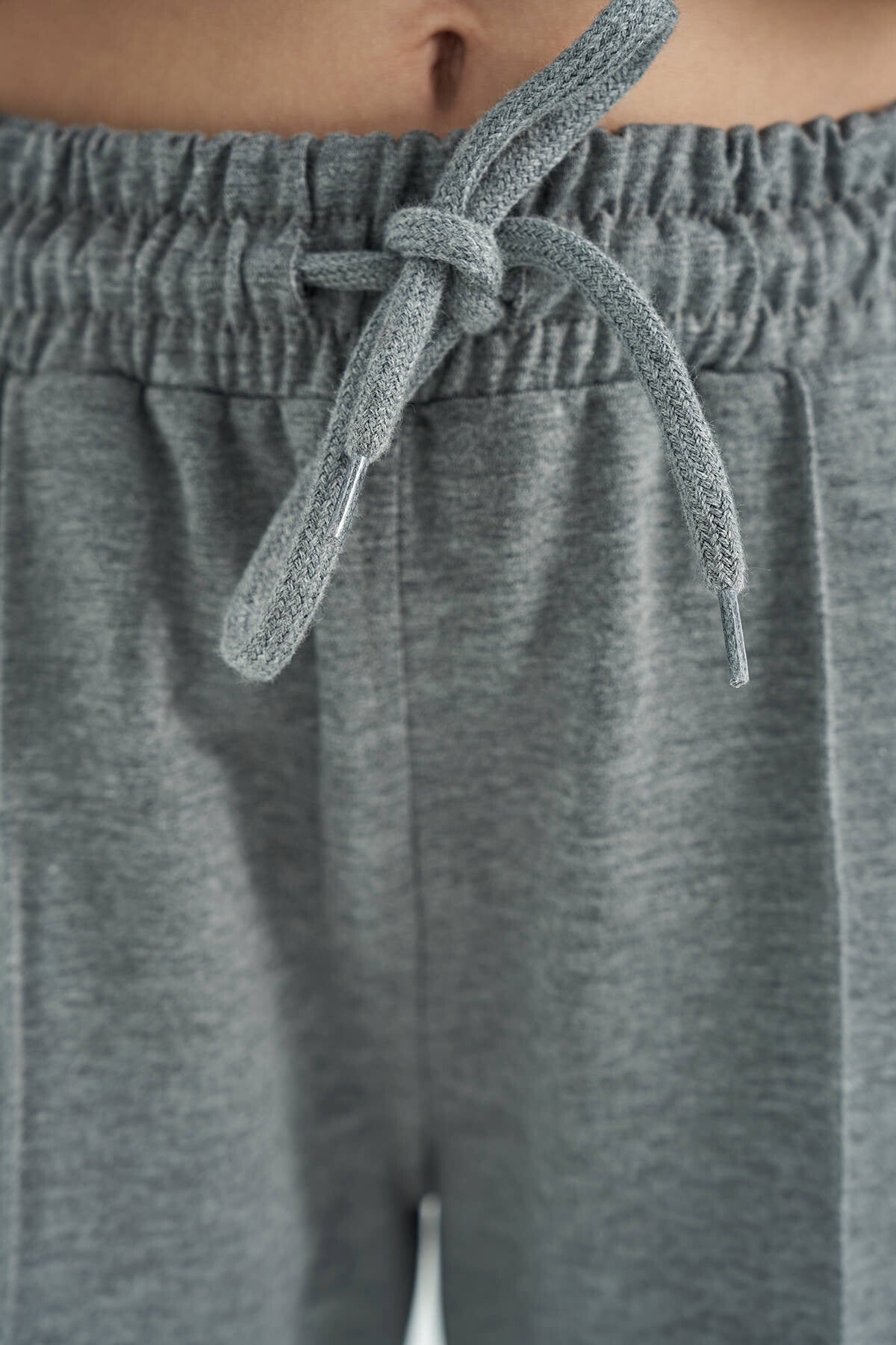Gray Melange Ribbed Detailed Laced Relaxed Fit Wide Leg Girls' Tracksuit Bottom - 75119