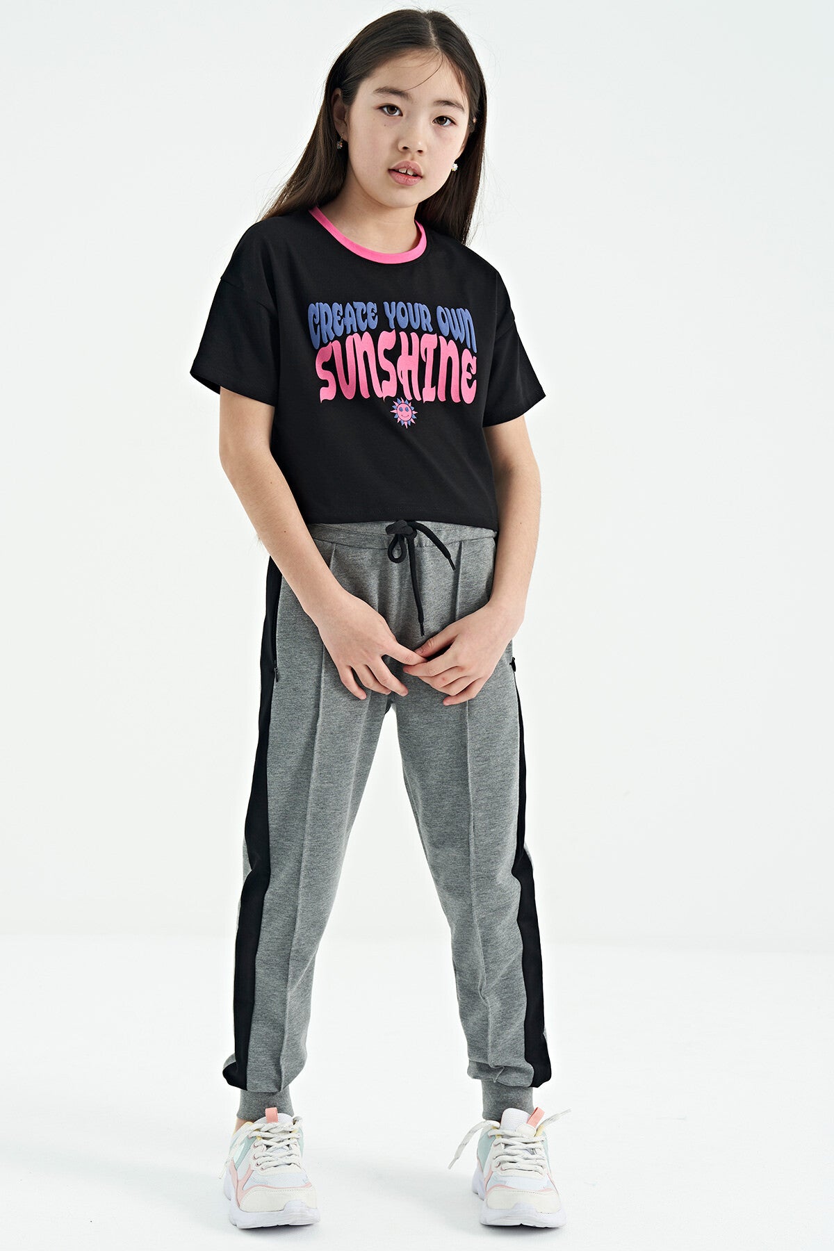 Grey Melange Waistband Hidden Zip Pocket Detailed Jogger Girls Tracksuit Bottom - 75122