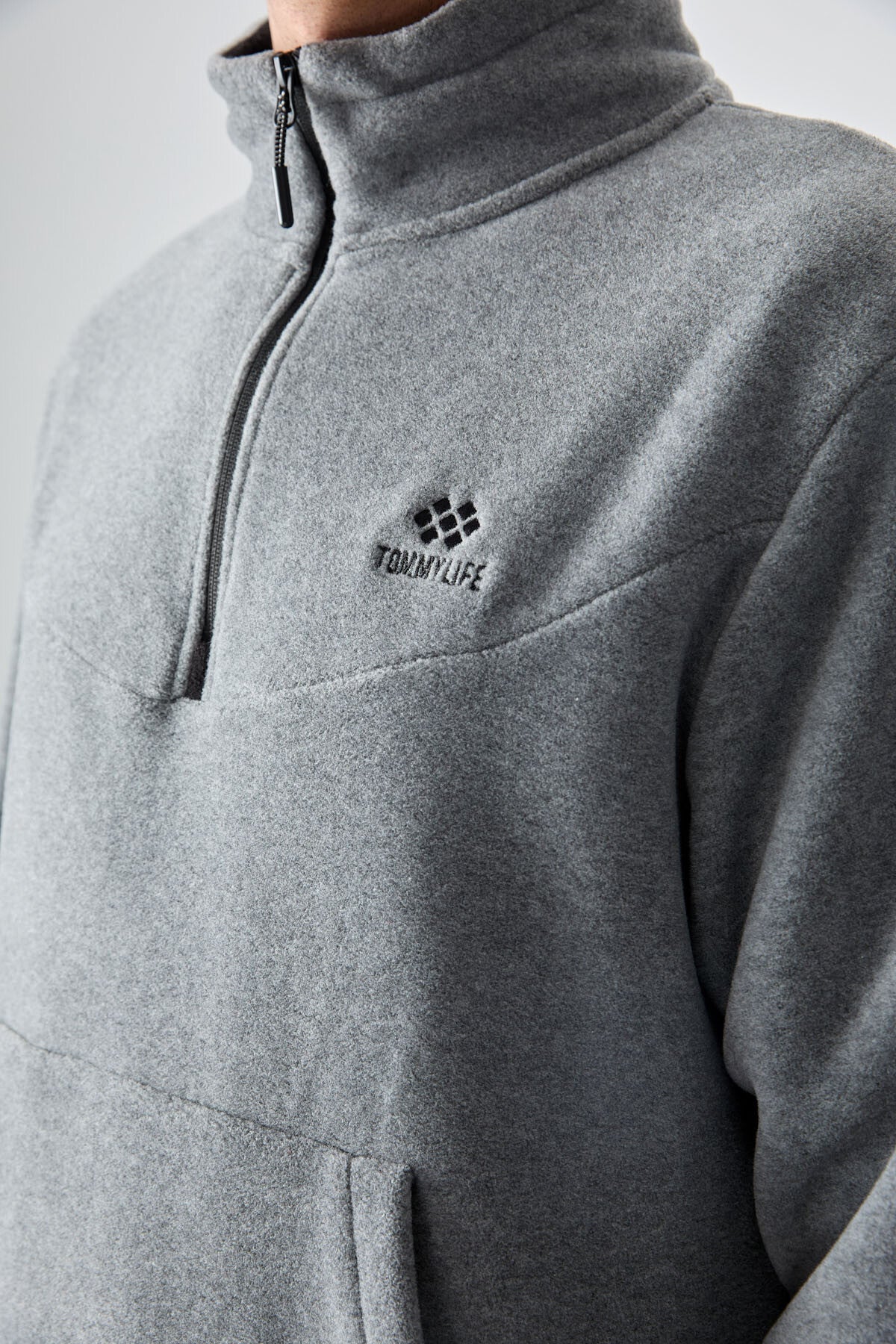 Grey Melange Half Zipper High Collar Elastic Cuff Polar Men's Tracksuit Set - 85159