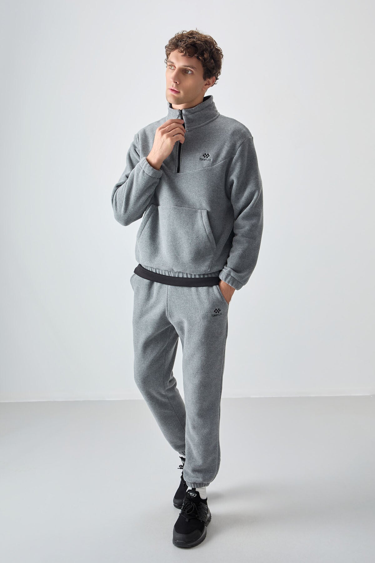 Grey Melange Half Zipper High Collar Elastic Cuff Polar Men's Tracksuit Set - 85159