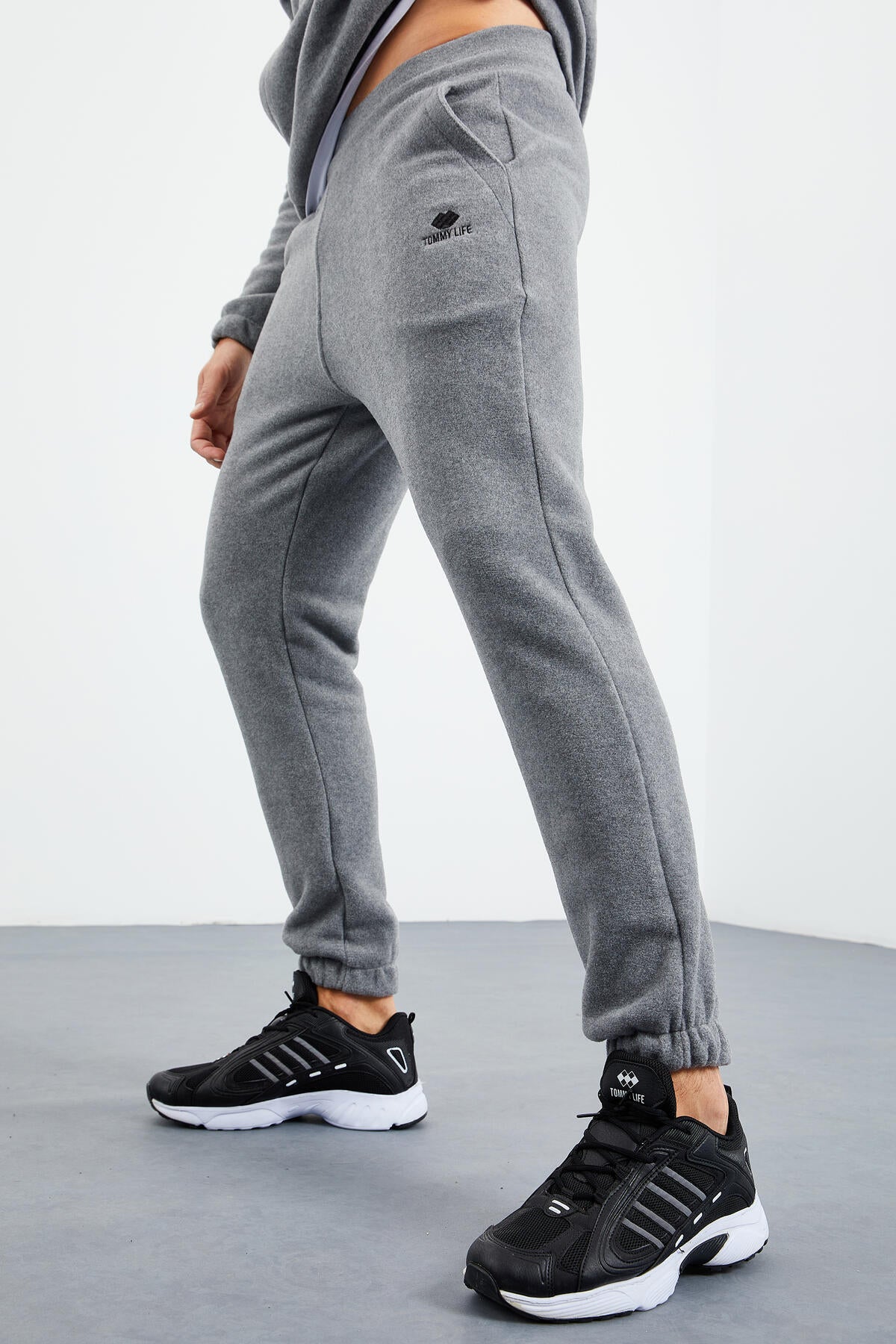 Grey Melange Half Zipper High Collar Elastic Cuff Polar Men's Tracksuit Set - 85159
