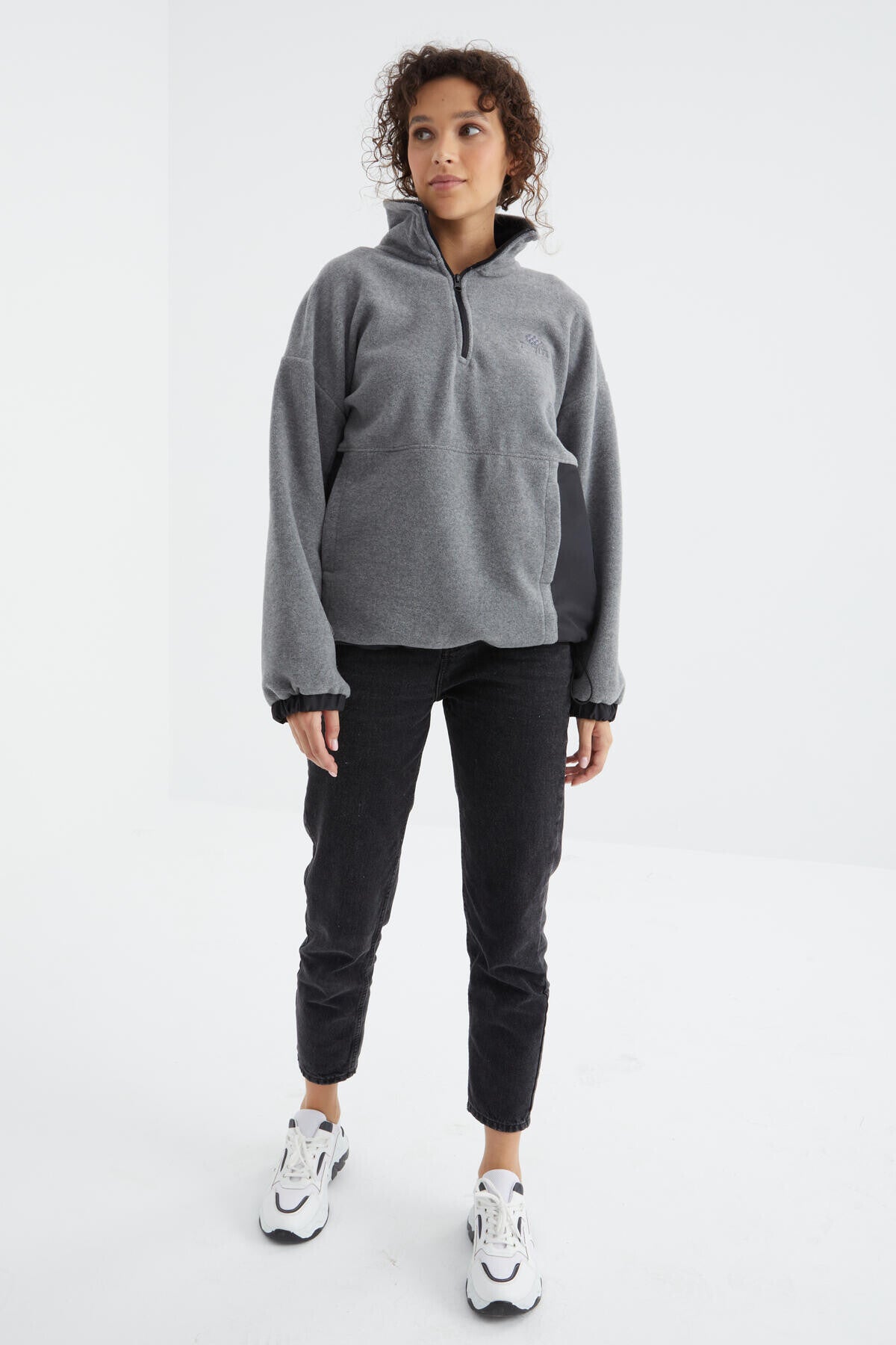Gray Melange Half-Zip Skirt with Gathered Hem High Collar Oversize Women's Fleece Sweatshirt - 97236