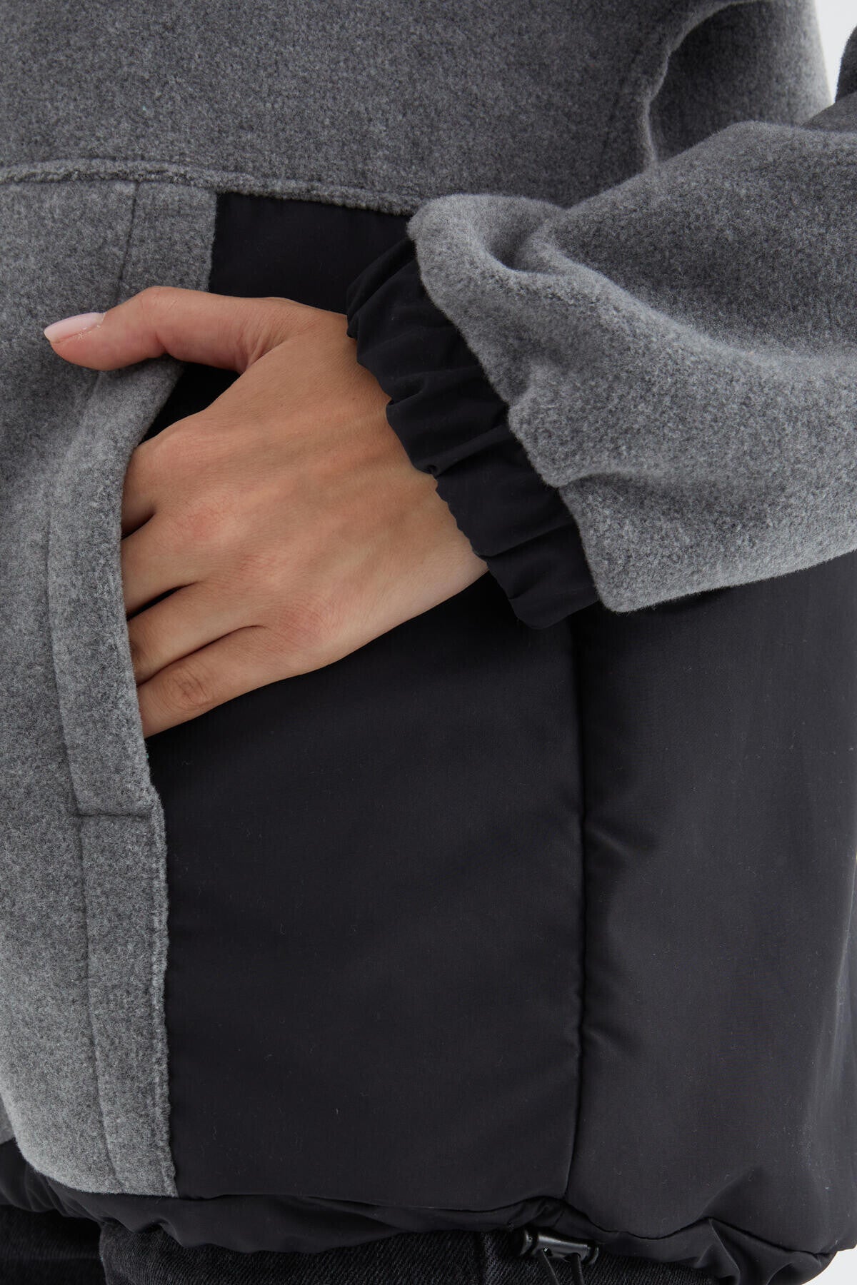 Gray Melange Half-Zip Skirt with Gathered Hem High Collar Oversize Women's Fleece Sweatshirt - 97236