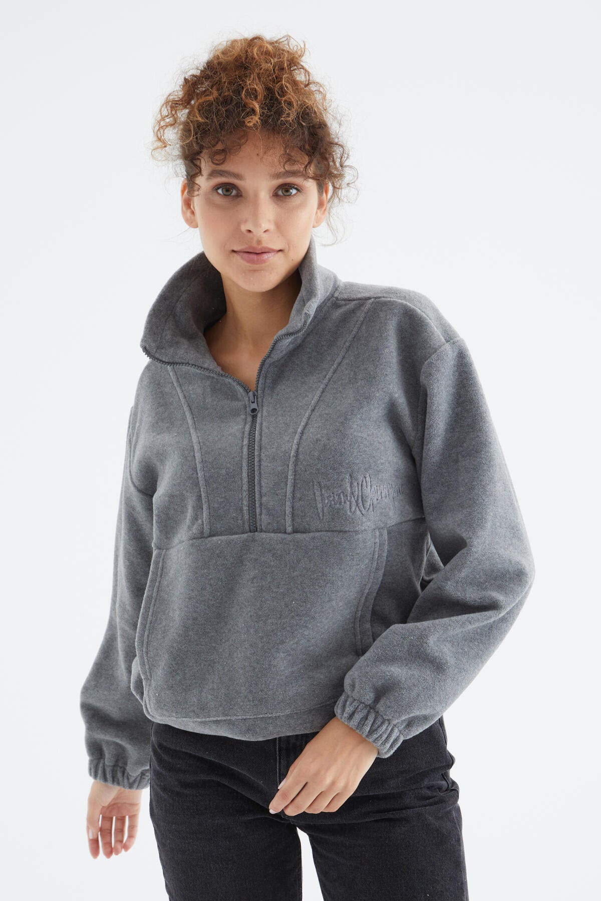 Grey Melange Half Zipper Skirt with Gathered Hem Women's Fleece Oversize Sweatshirt - 97171
