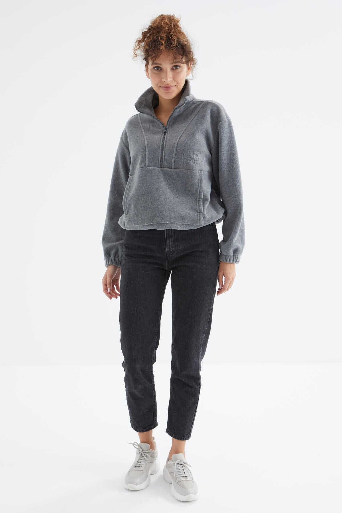 Grey Melange Half Zipper Skirt with Gathered Hem Women's Fleece Oversize Sweatshirt - 97171