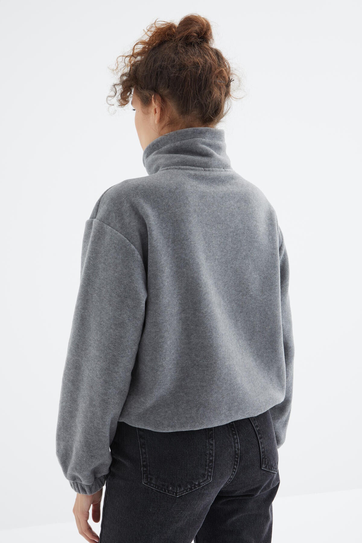 Grey Melange Half Zipper Skirt with Gathered Hem Women's Fleece Oversize Sweatshirt - 97171