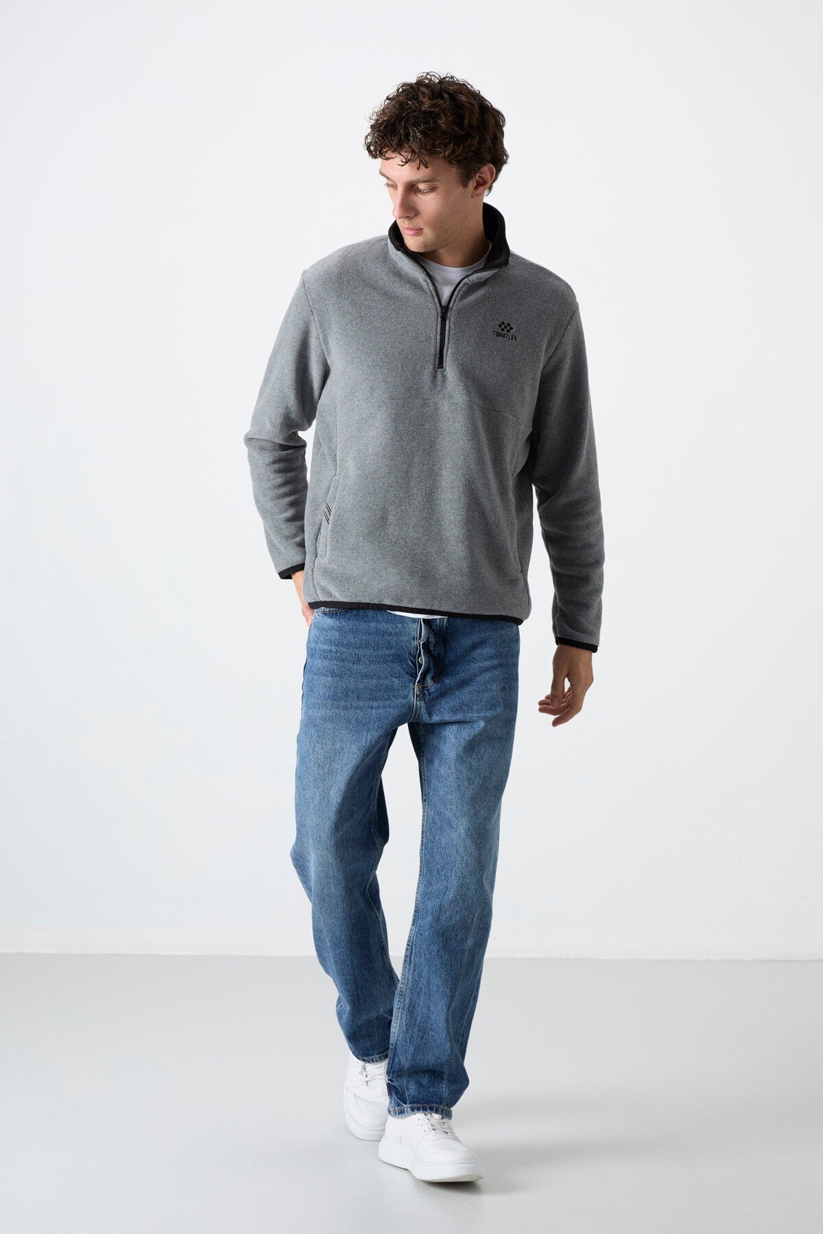 Grey Melange Half-Zip Sweatshirt Slim Fit High Collar Men's Fleece - 87891