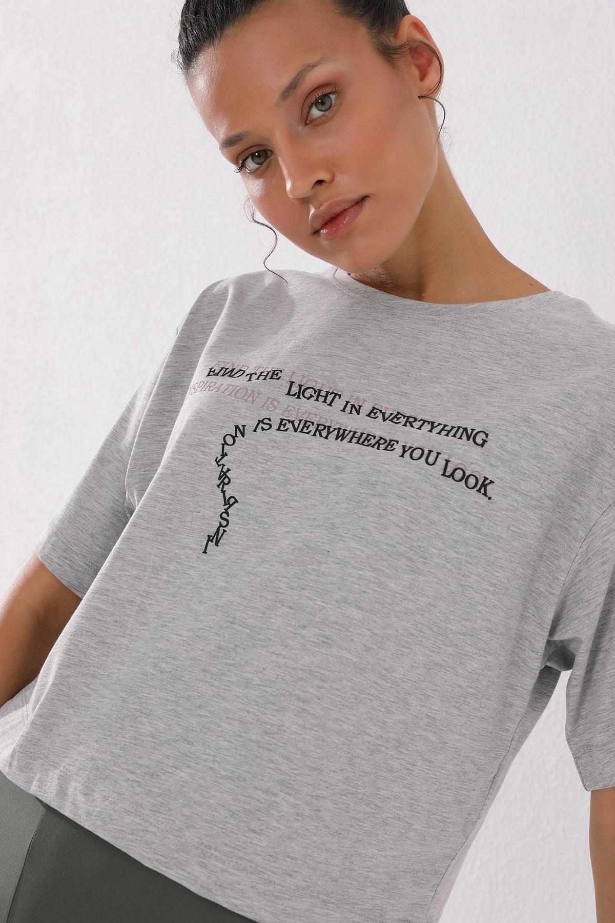 Grey Melange Print Short O Collar Women's Oversize T-Shirt - 97135