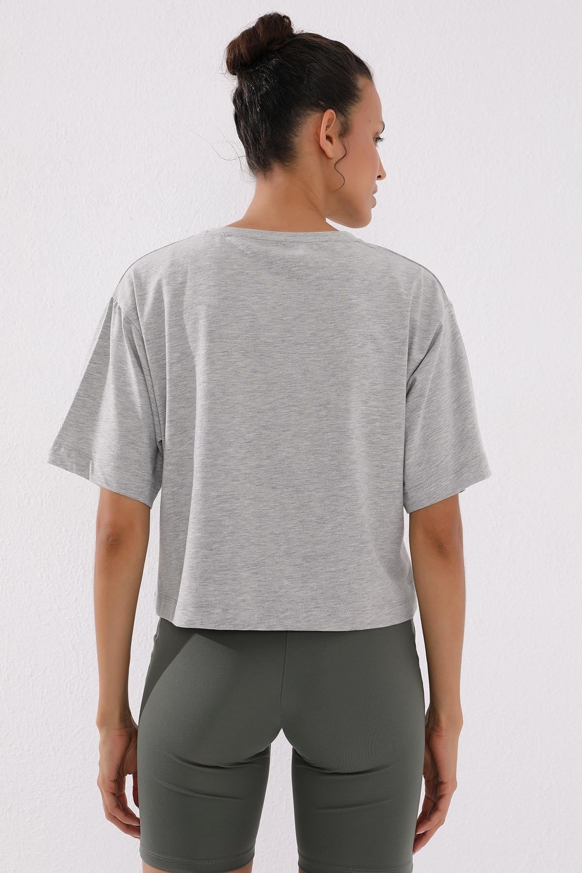 Grey Melange Print Short O Collar Women's Oversize T-Shirt - 97135