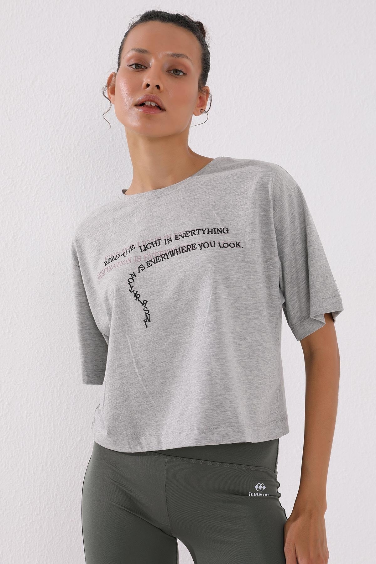 Grey Melange Print Short O Collar Women's Oversize T-Shirt - 97135