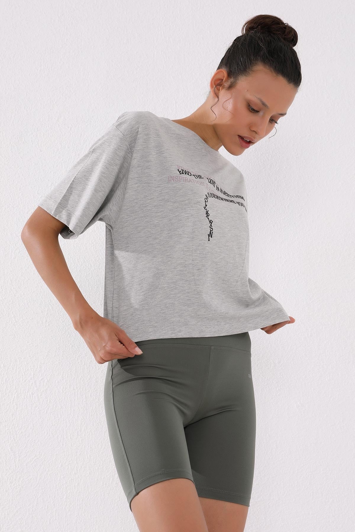 Grey Melange Print Short O Collar Women's Oversize T-Shirt - 97135