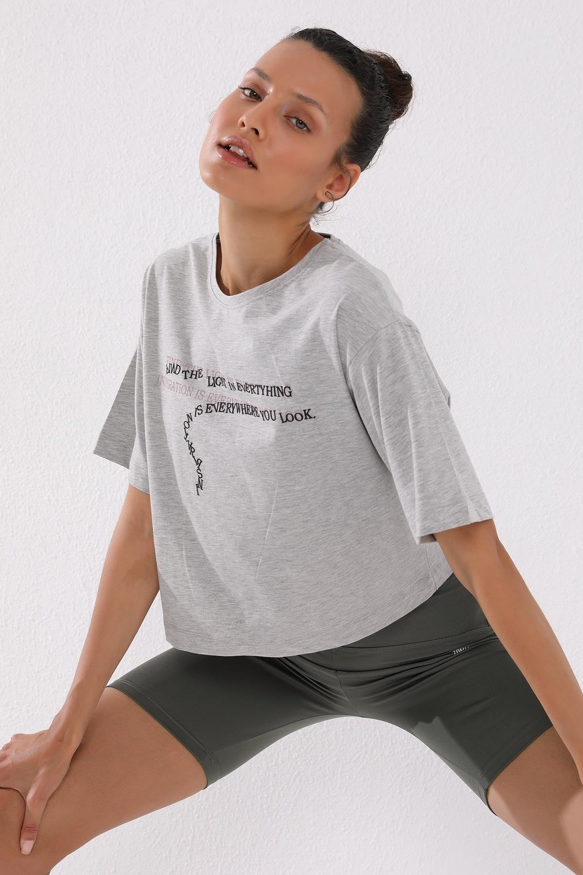 Grey Melange Print Short O Collar Women's Oversize T-Shirt - 97135