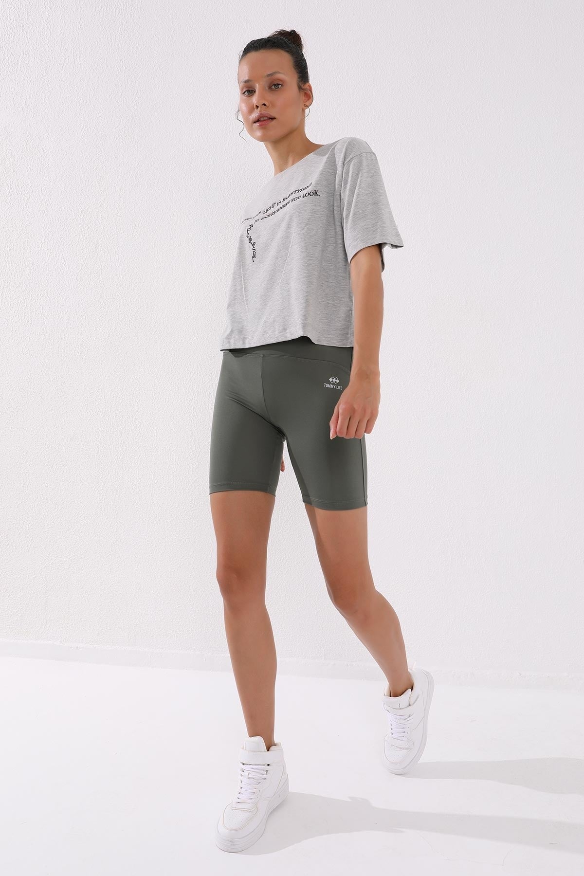 Grey Melange Print Short O Collar Women's Oversize T-Shirt - 97135