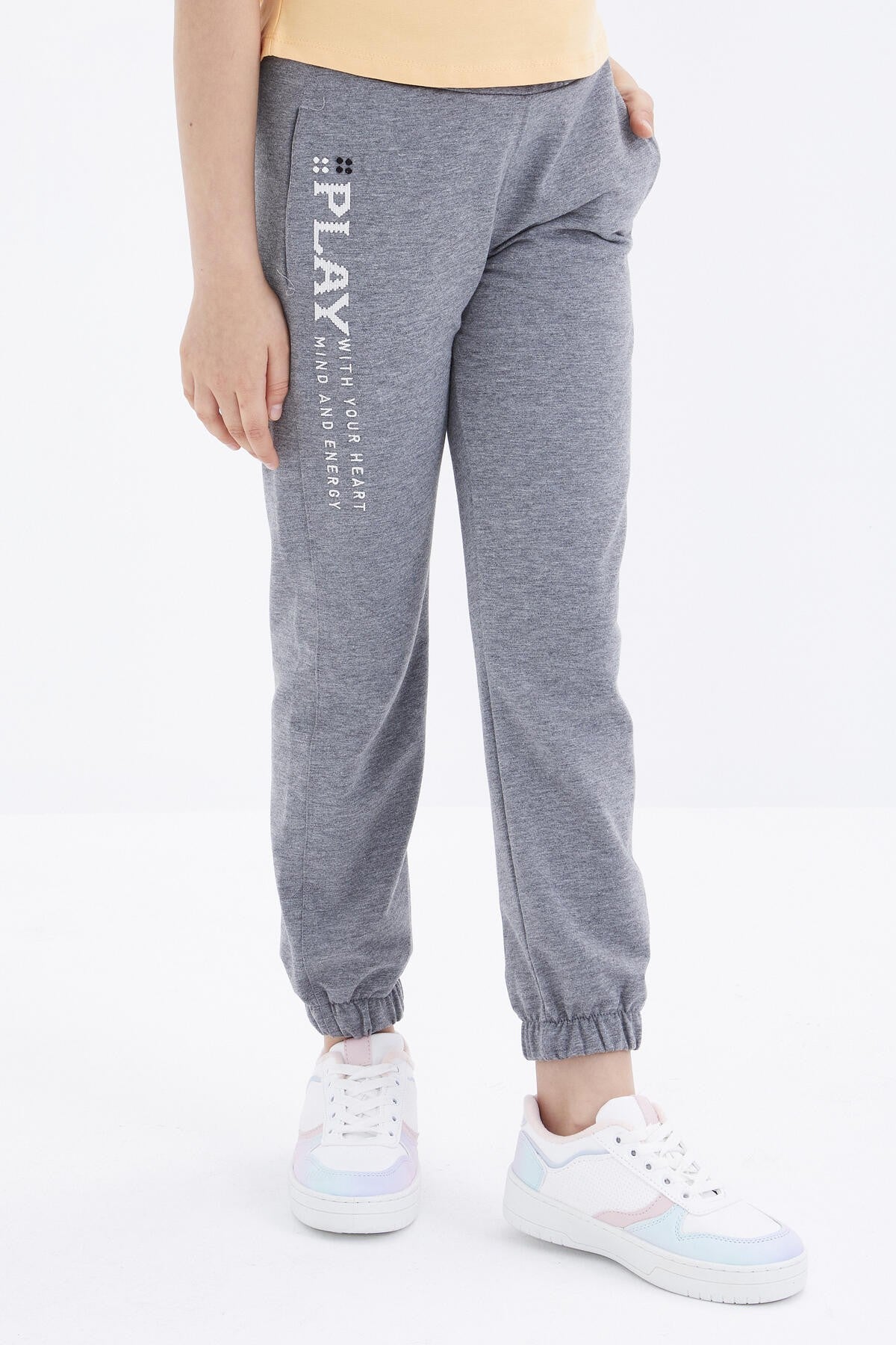 Grey Melange Print Embroidered Laced Standard Fit Elastic Hem Girls' Tracksuit Bottom - 75051