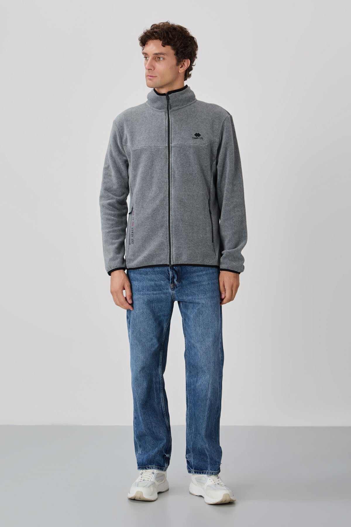 Grey Melange Print Embroidered High Collar Zippered Standard Fit Men's Sweatshirt Fleece - 87992