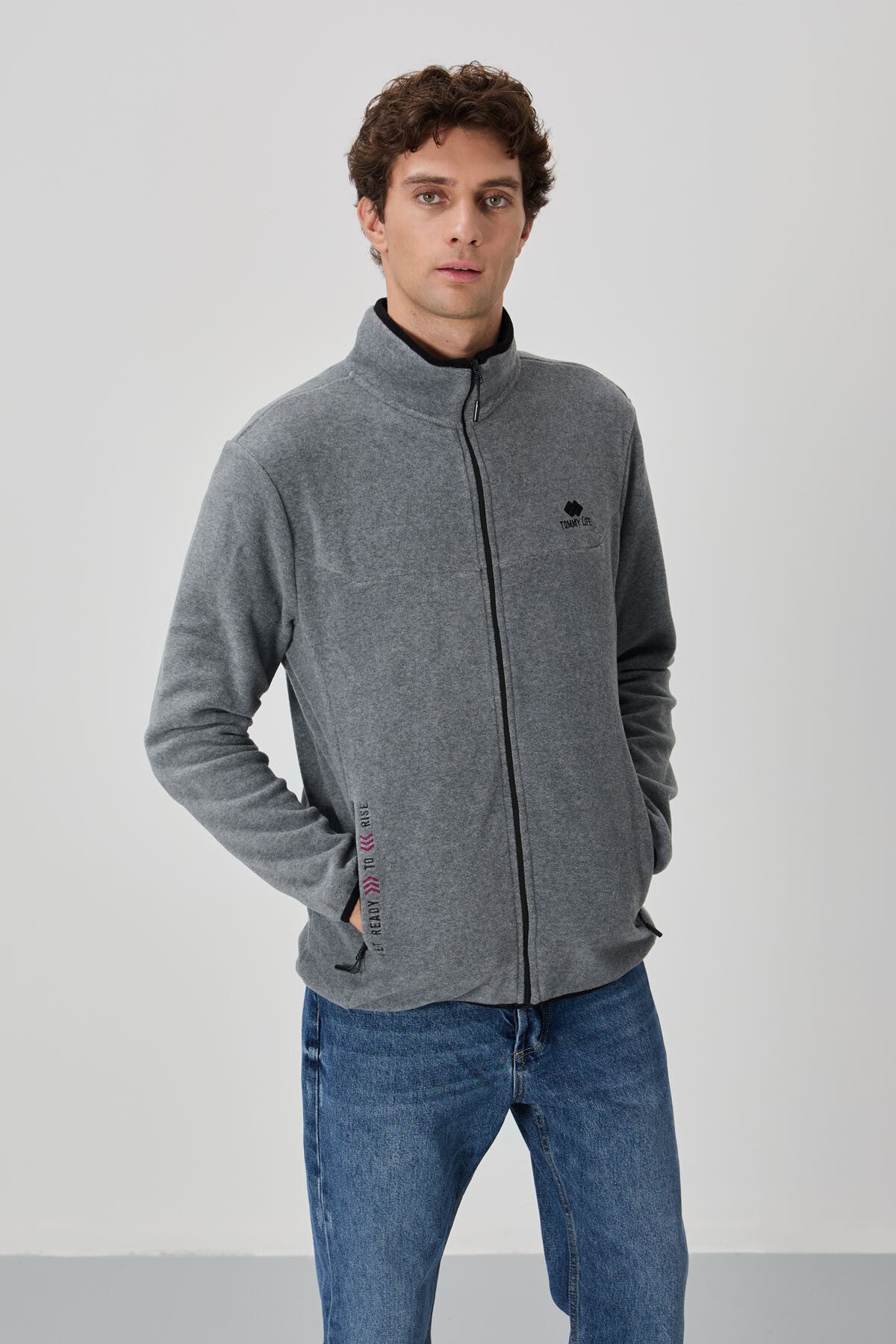 Grey Melange Print Embroidered High Collar Zippered Standard Fit Men's Sweatshirt Fleece - 87992