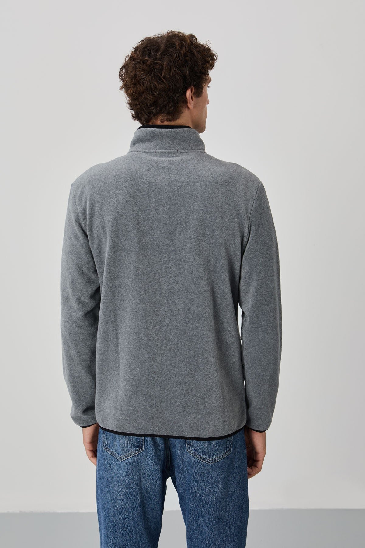 Grey Melange Print Embroidered High Collar Zippered Standard Fit Men's Sweatshirt Fleece - 87992
