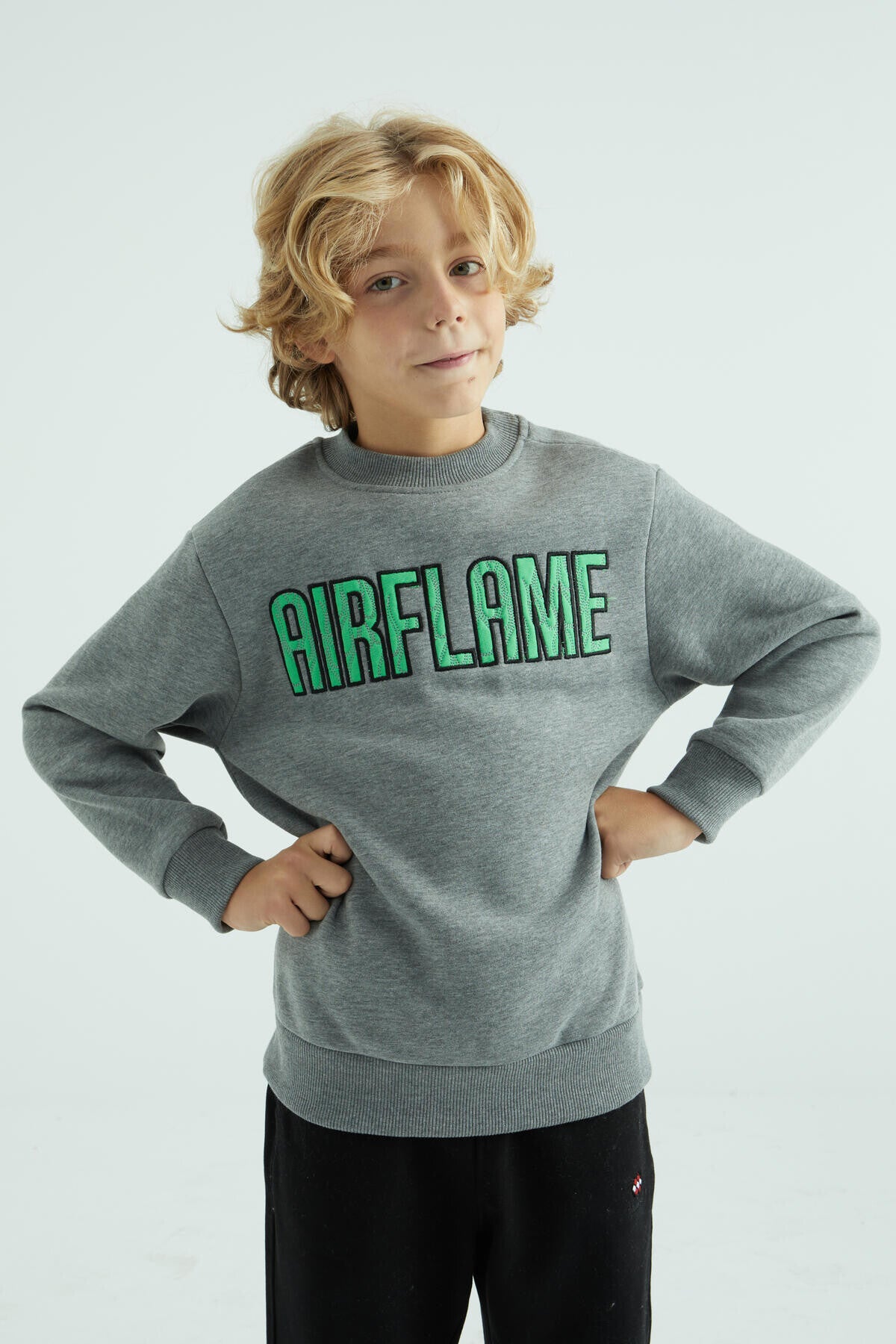 Grey Melange Print Embroidered O Collar Standard Fit Boys' Sweatshirt - 10987
