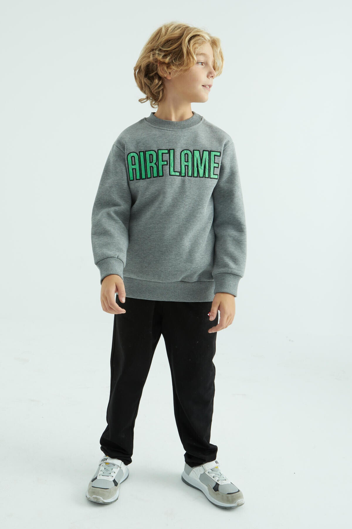 Grey Melange Print Embroidered O Collar Standard Fit Boys' Sweatshirt - 10987