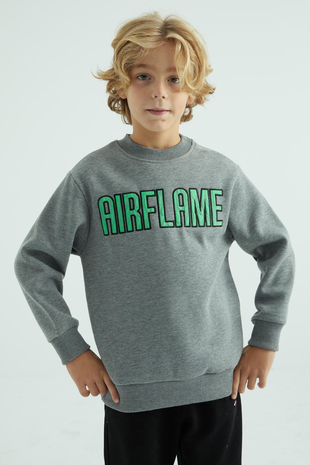 Grey Melange Print Embroidered O Collar Standard Fit Boys' Sweatshirt - 10987