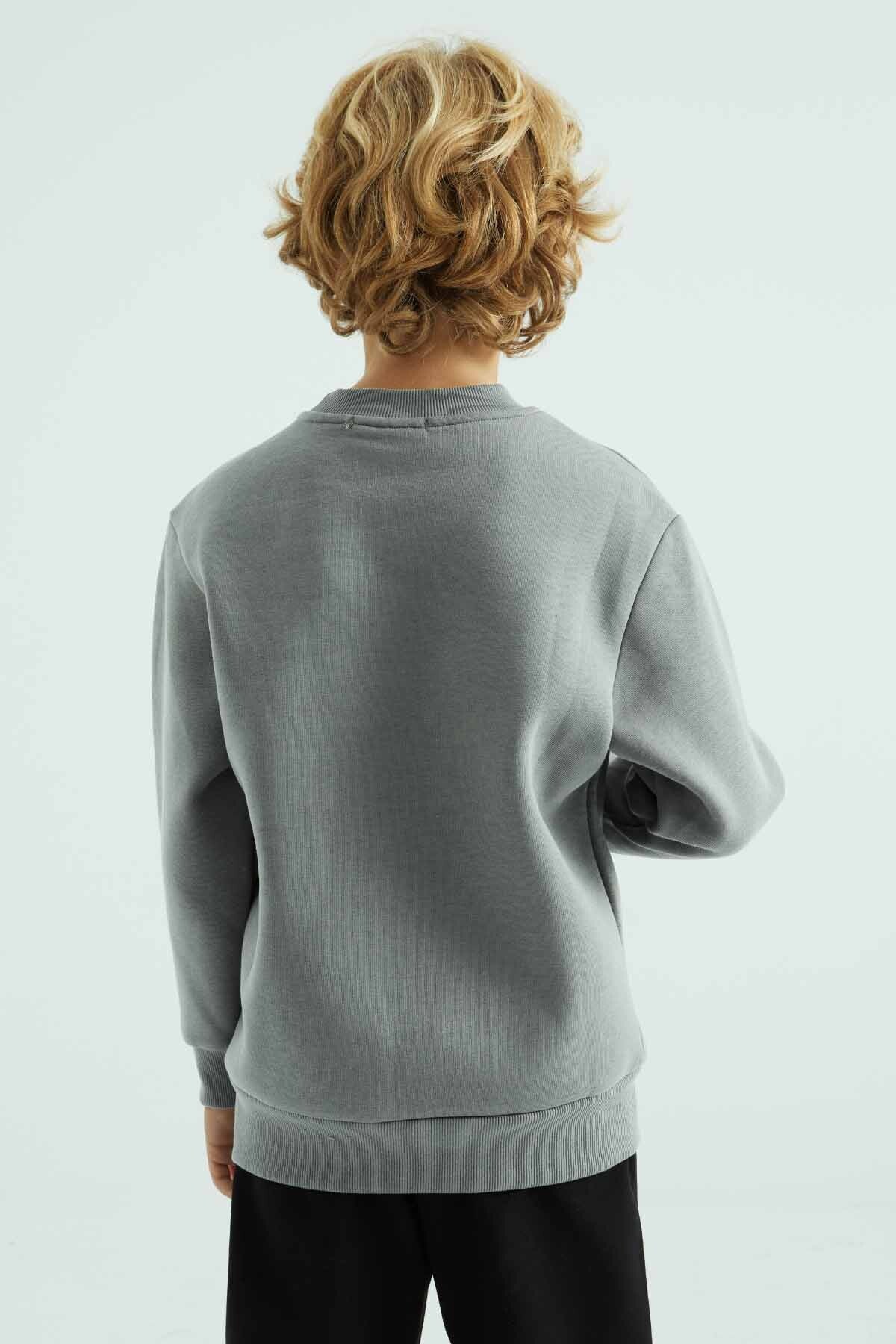 Grey Melange Print Embroidered O Collar Standard Fit Boys' Sweatshirt - 10987