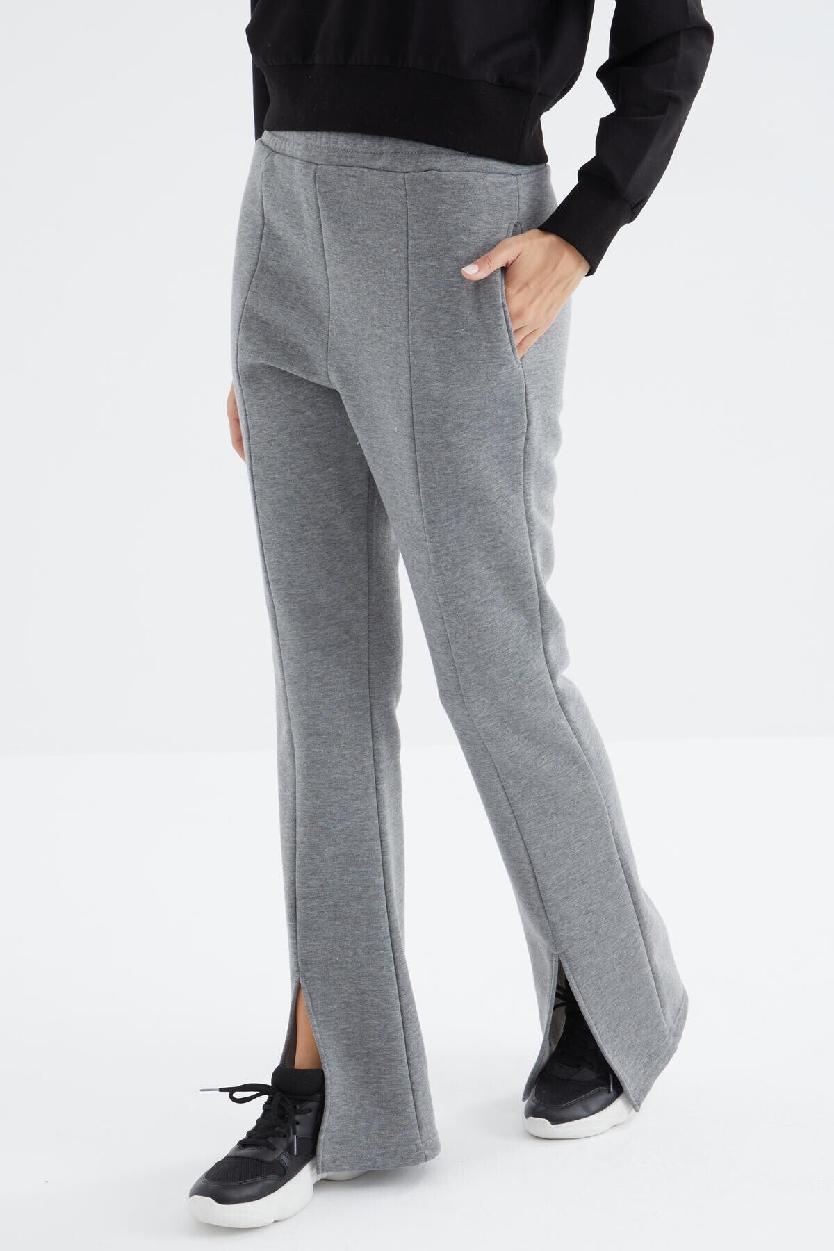 High Waist Gray Melange Front Slit Detailed Side Pocket Comfortable Fit Women's Tracksuit Bottom - 94625