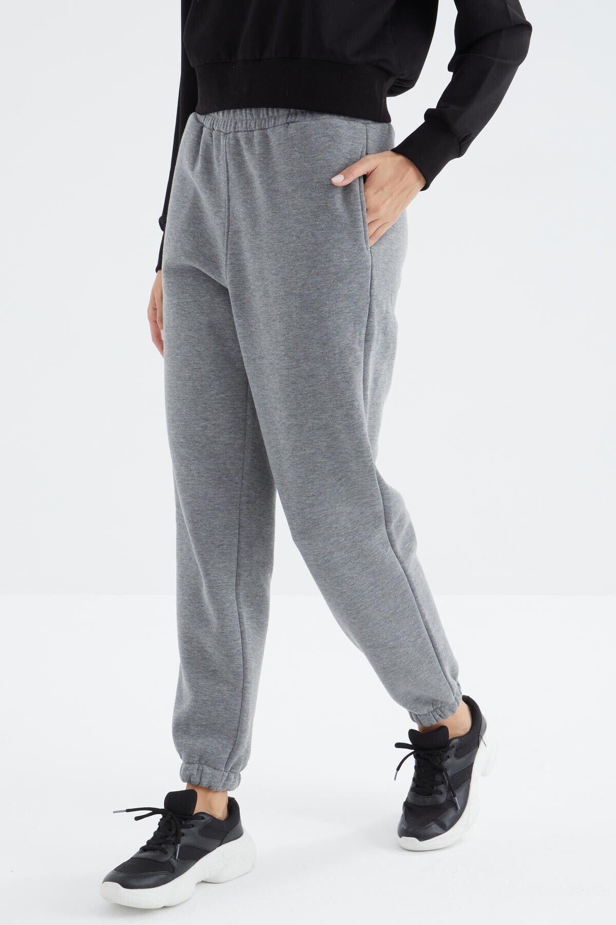 Grey Melange High Waist Brushed 3-Thread Cotton Basic Women's Tracksuit Bottom - 94624