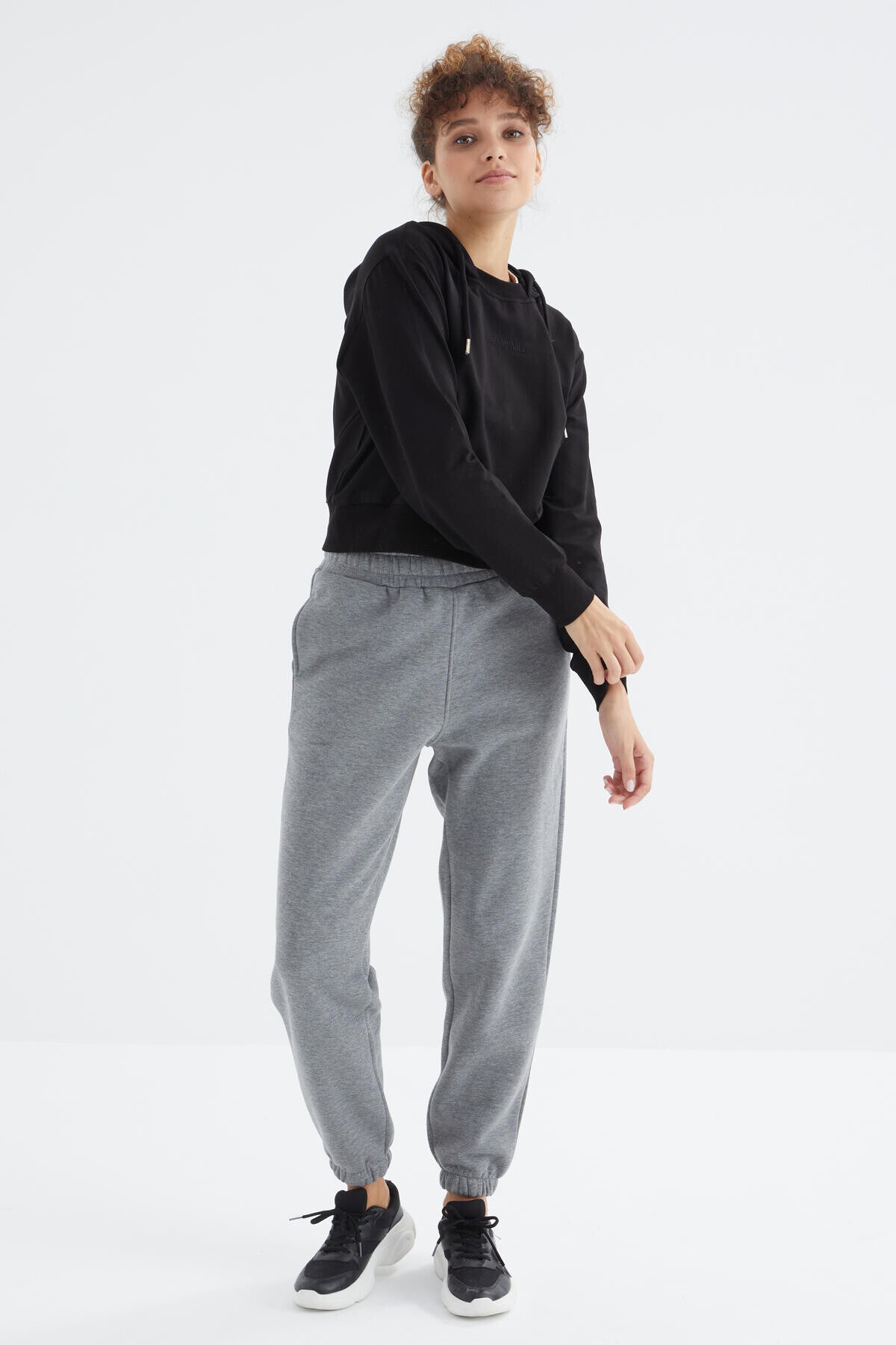 Grey Melange High Waist Brushed 3-Thread Cotton Basic Women's Tracksuit Bottom - 94624