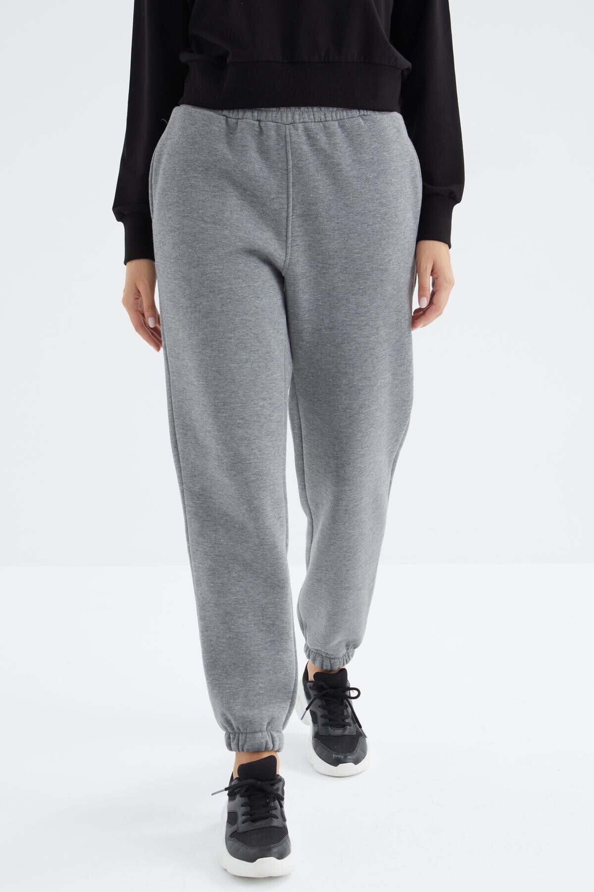 Grey Melange High Waist Brushed 3-Thread Cotton Basic Women's Tracksuit Bottom - 94624