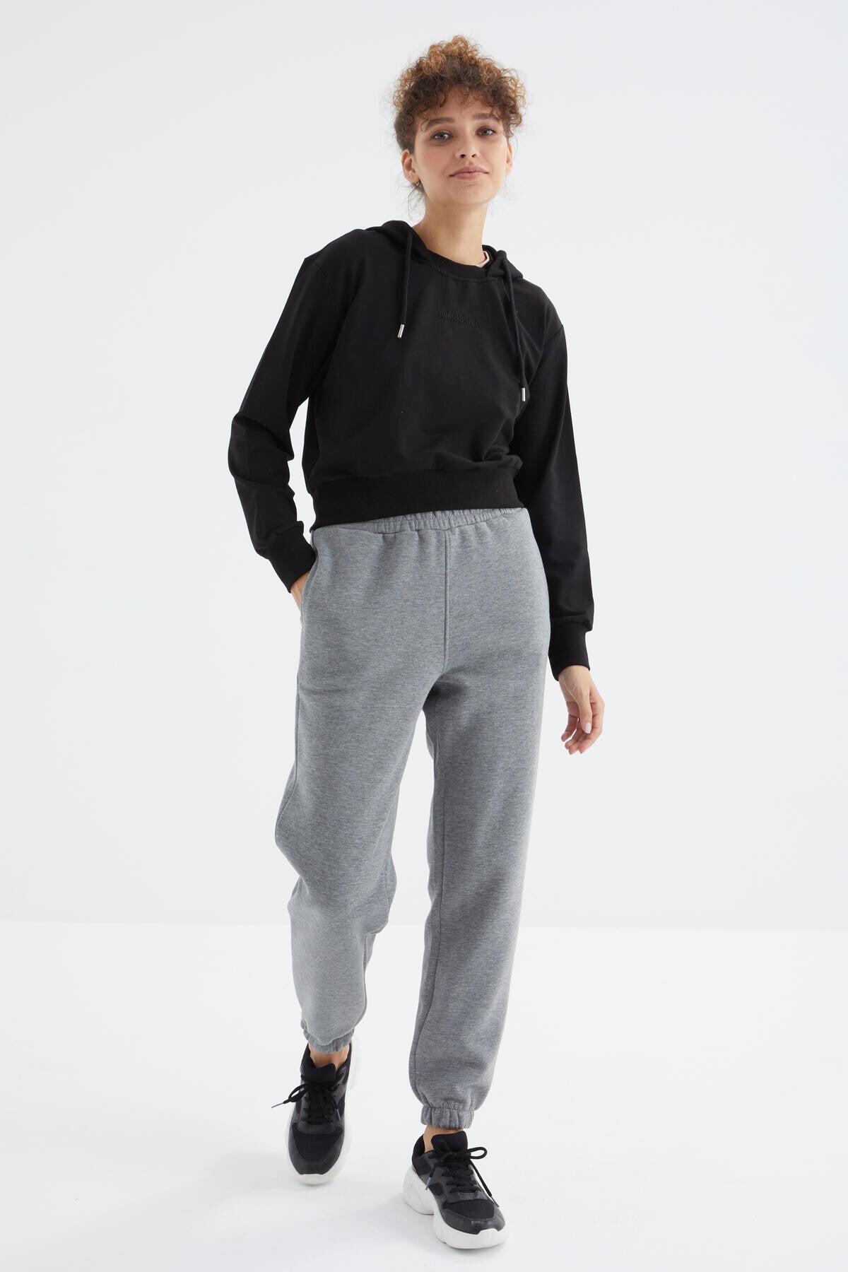 Grey Melange High Waist Brushed 3-Thread Cotton Basic Women's Tracksuit Bottom - 94624