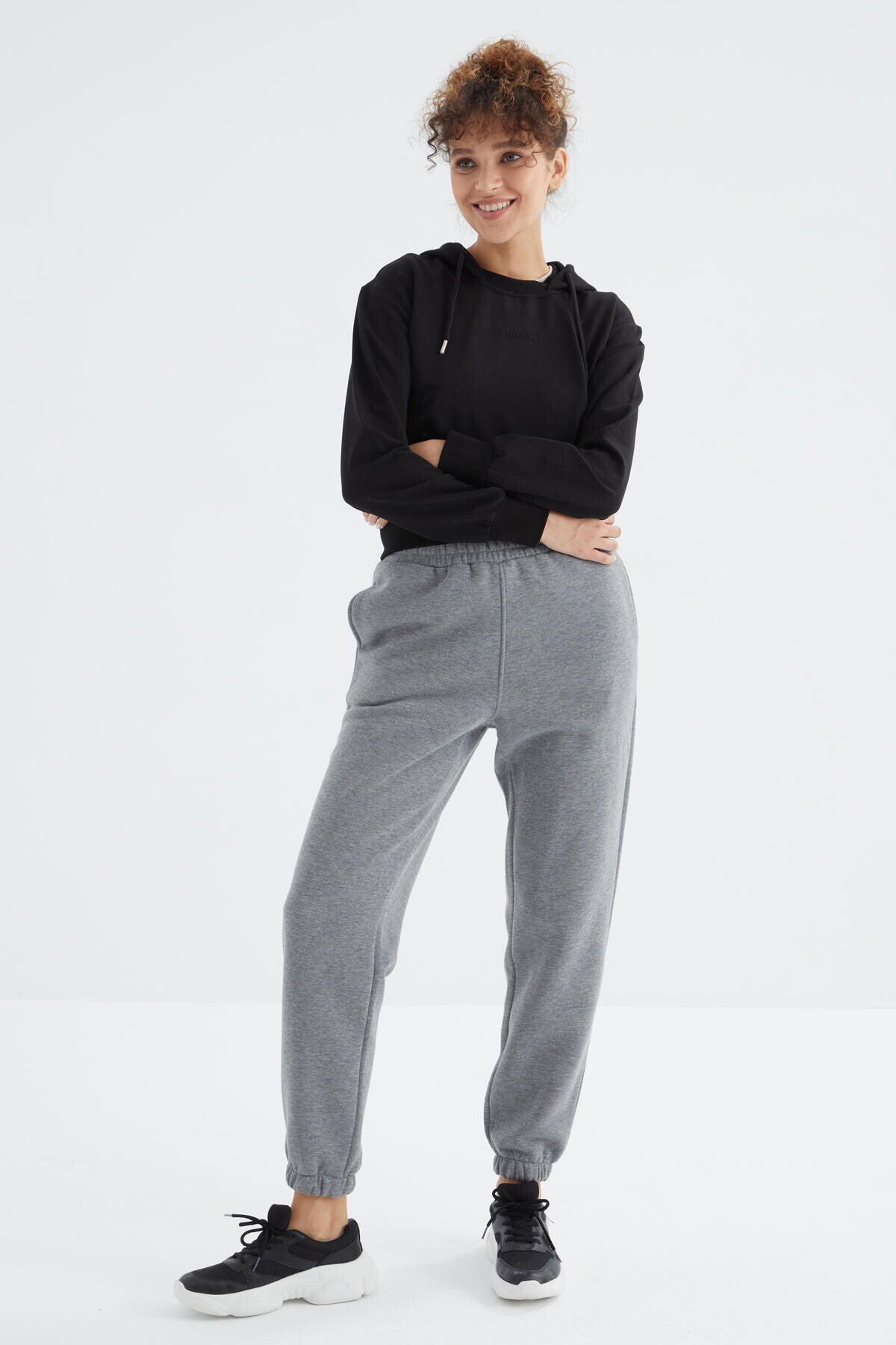 Grey Melange High Waist Brushed 3-Thread Cotton Basic Women's Tracksuit Bottom - 94624