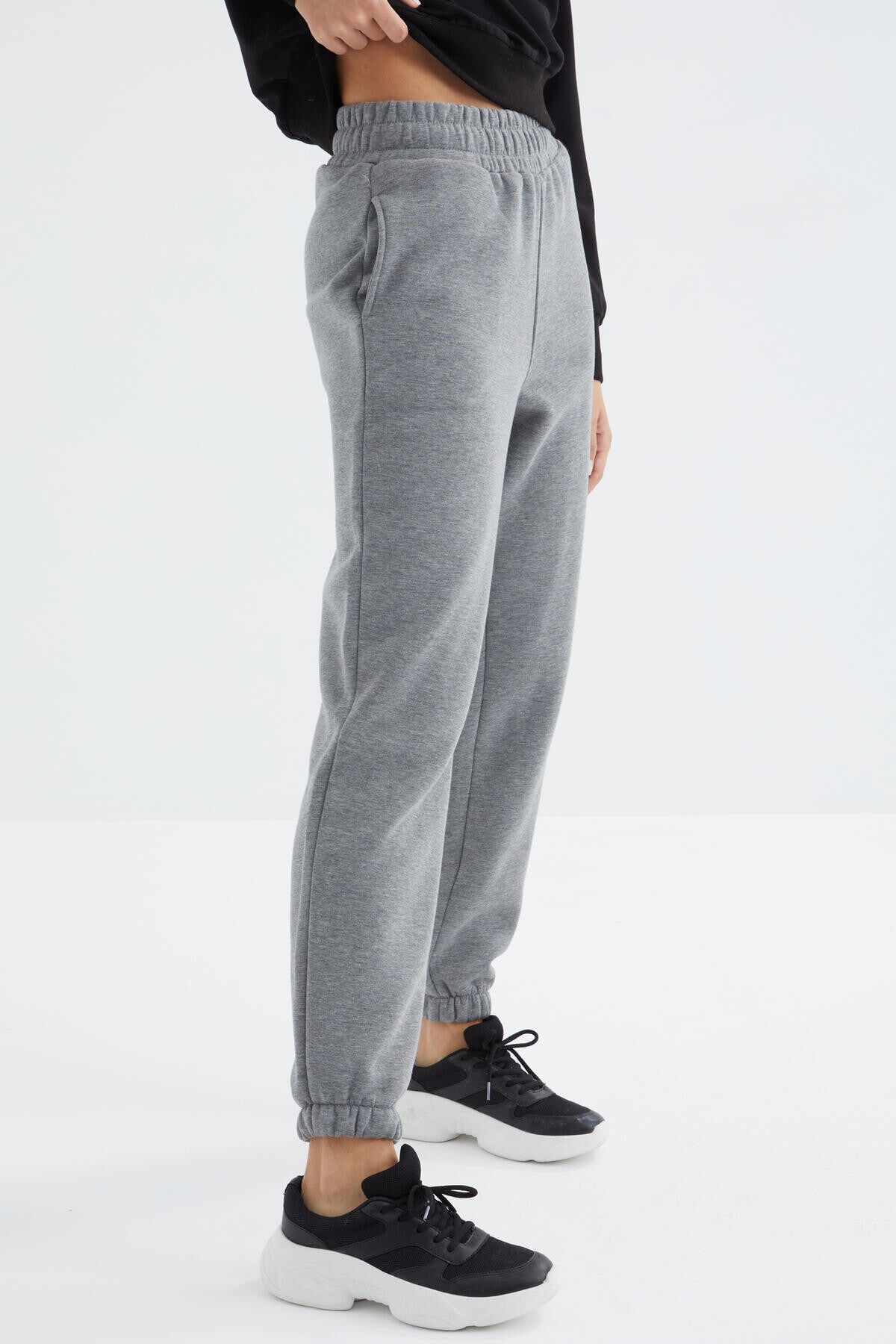 Grey Melange High Waist Brushed 3-Thread Cotton Basic Women's Tracksuit Bottom - 94624