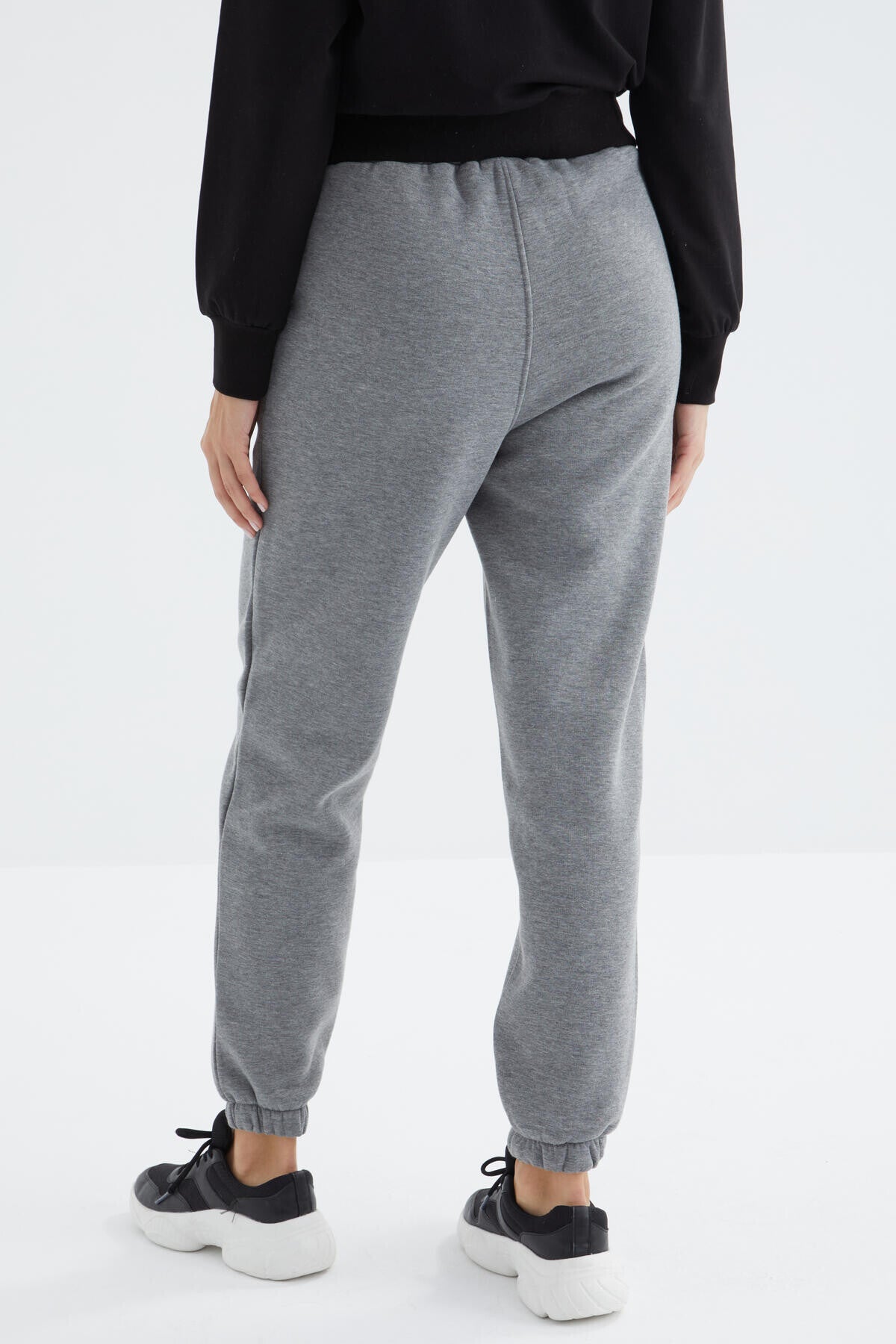 Grey Melange High Waist Brushed 3-Thread Cotton Basic Women's Tracksuit Bottom - 94624