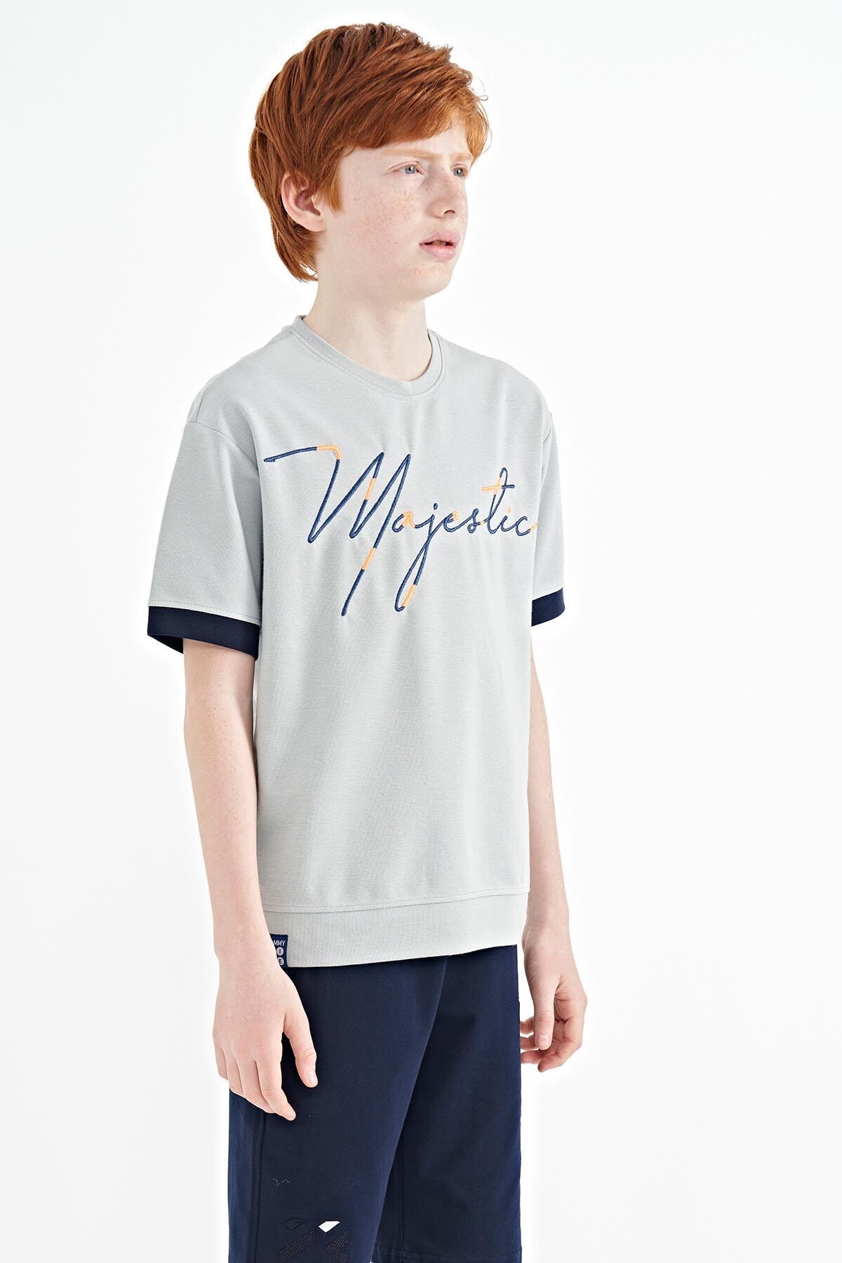 Grey Front Print Embroidered O Collar Oversize Boys T-Shirt - 11147