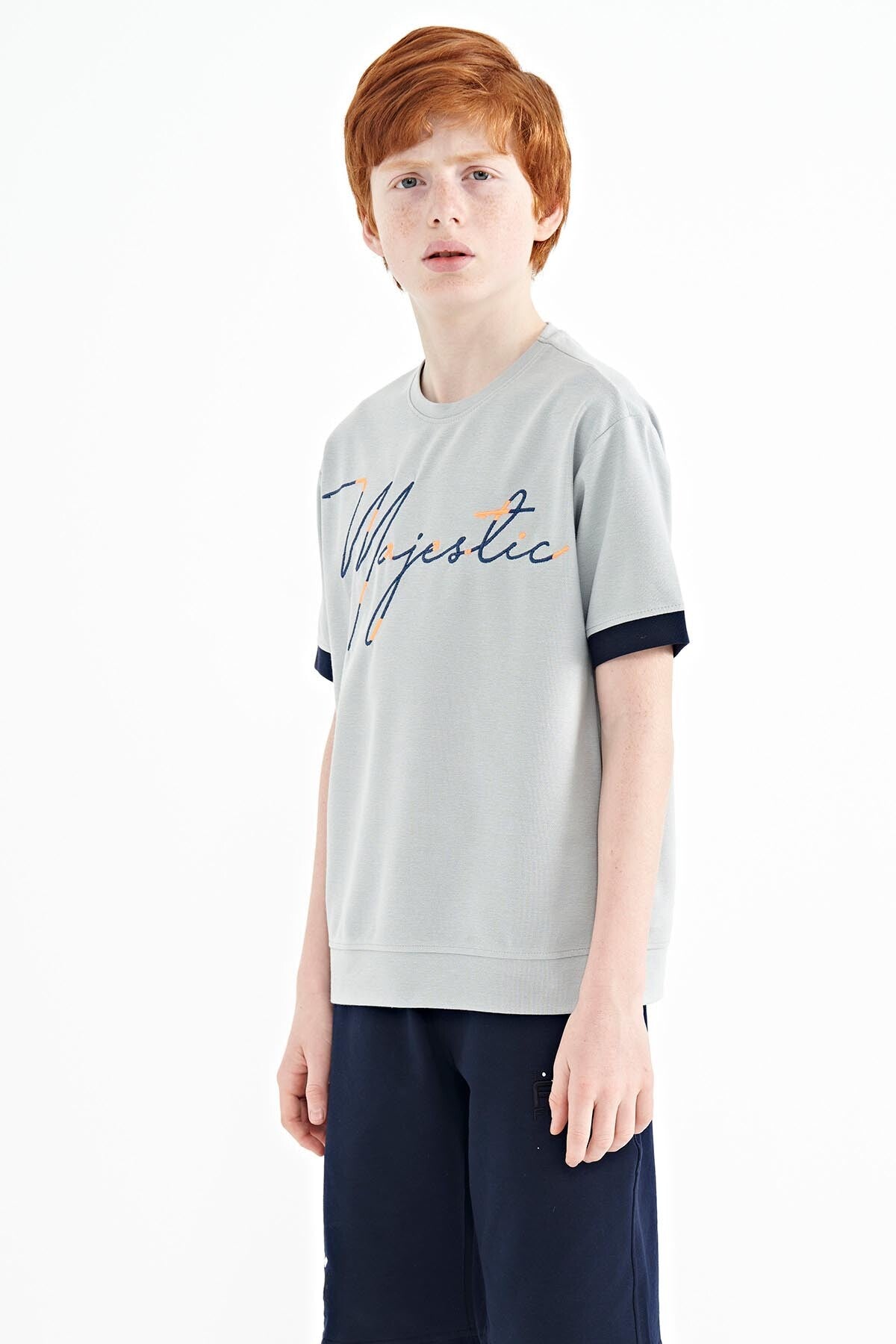 Grey Front Print Embroidered O Collar Oversize Boys T-Shirt - 11147