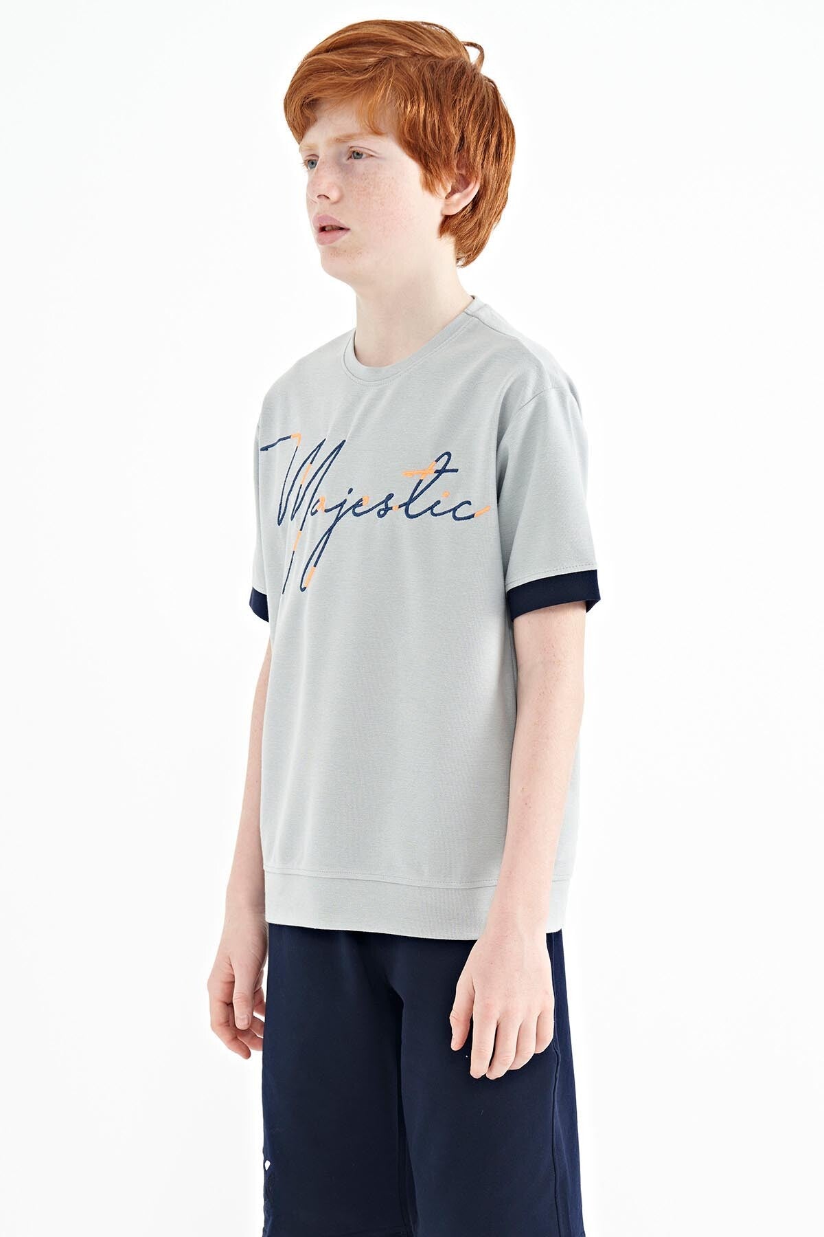 Grey Front Print Embroidered O Collar Oversize Boys T-Shirt - 11147