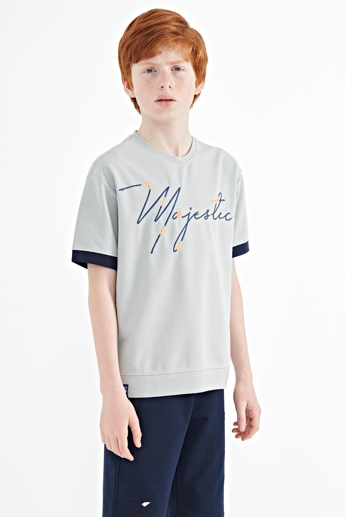 Grey Front Print Embroidered O Collar Oversize Boys T-Shirt - 11147